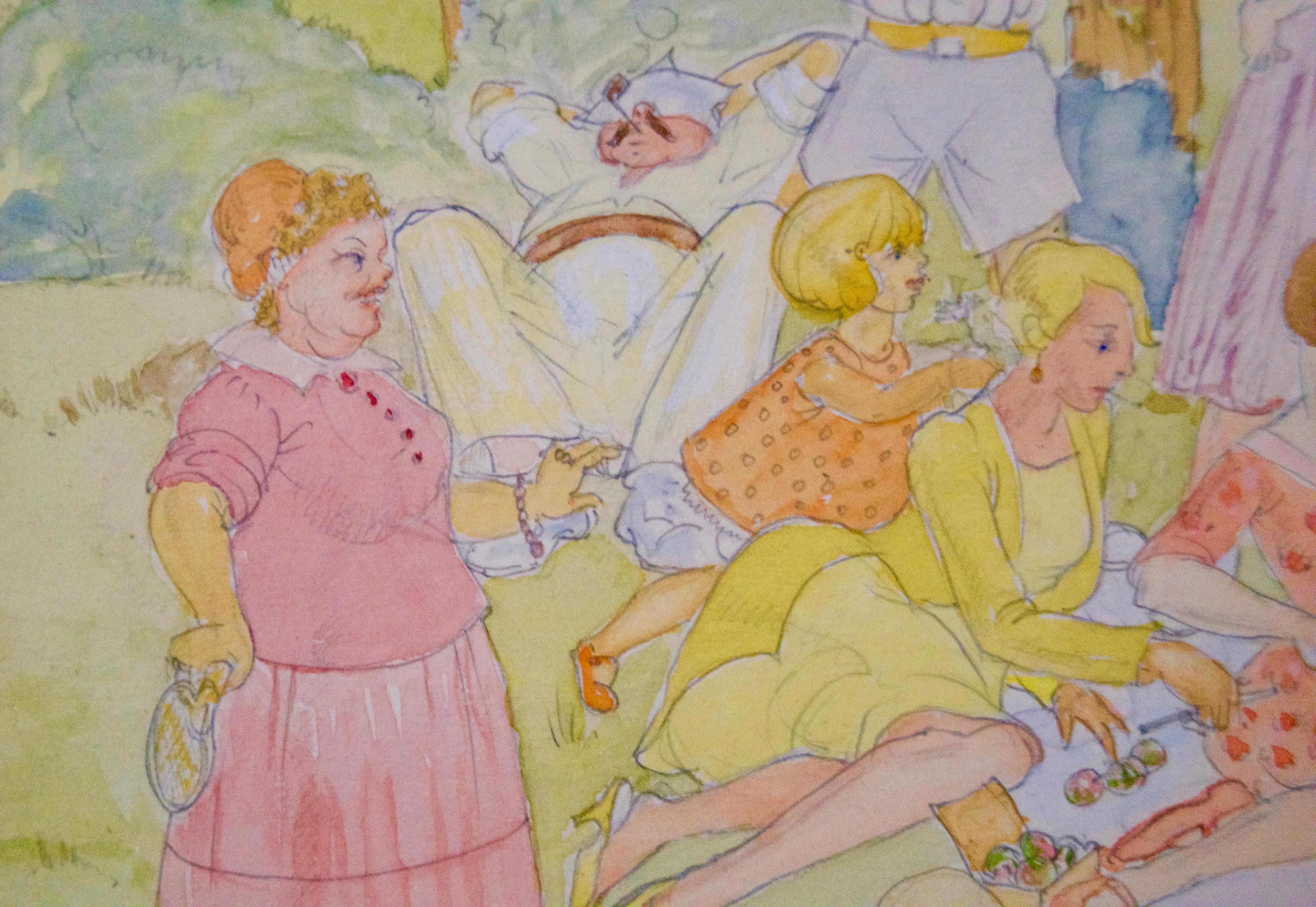 Picnic familiale - Aquarelle du 20e siècle représentant une pique-nique lors d'une journée de famille dans un parc - Marron Landscape Art par Unknown