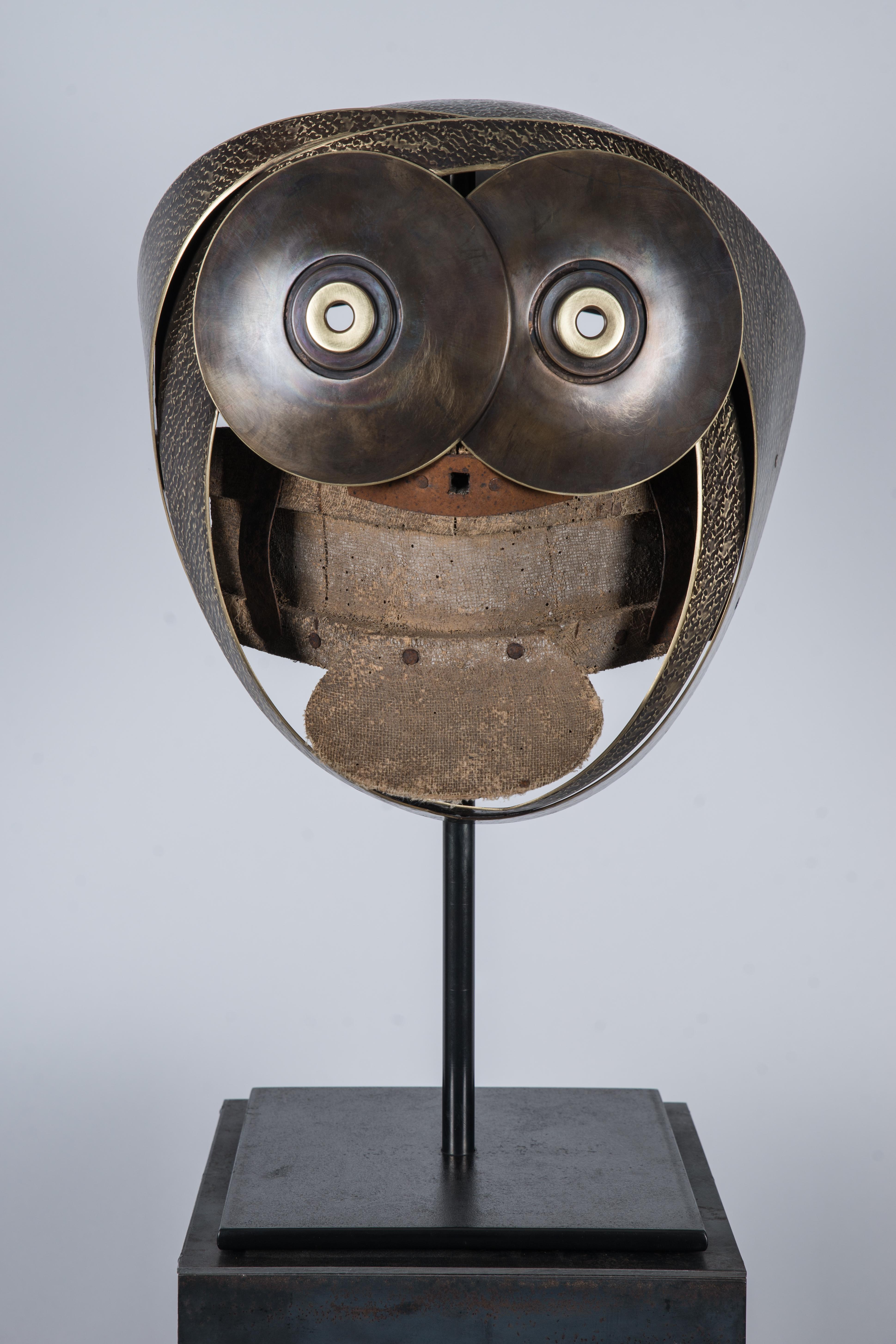 Elie Hirsch Abstract Sculpture - Mask "The Monkey" Brass Wood Sculpture