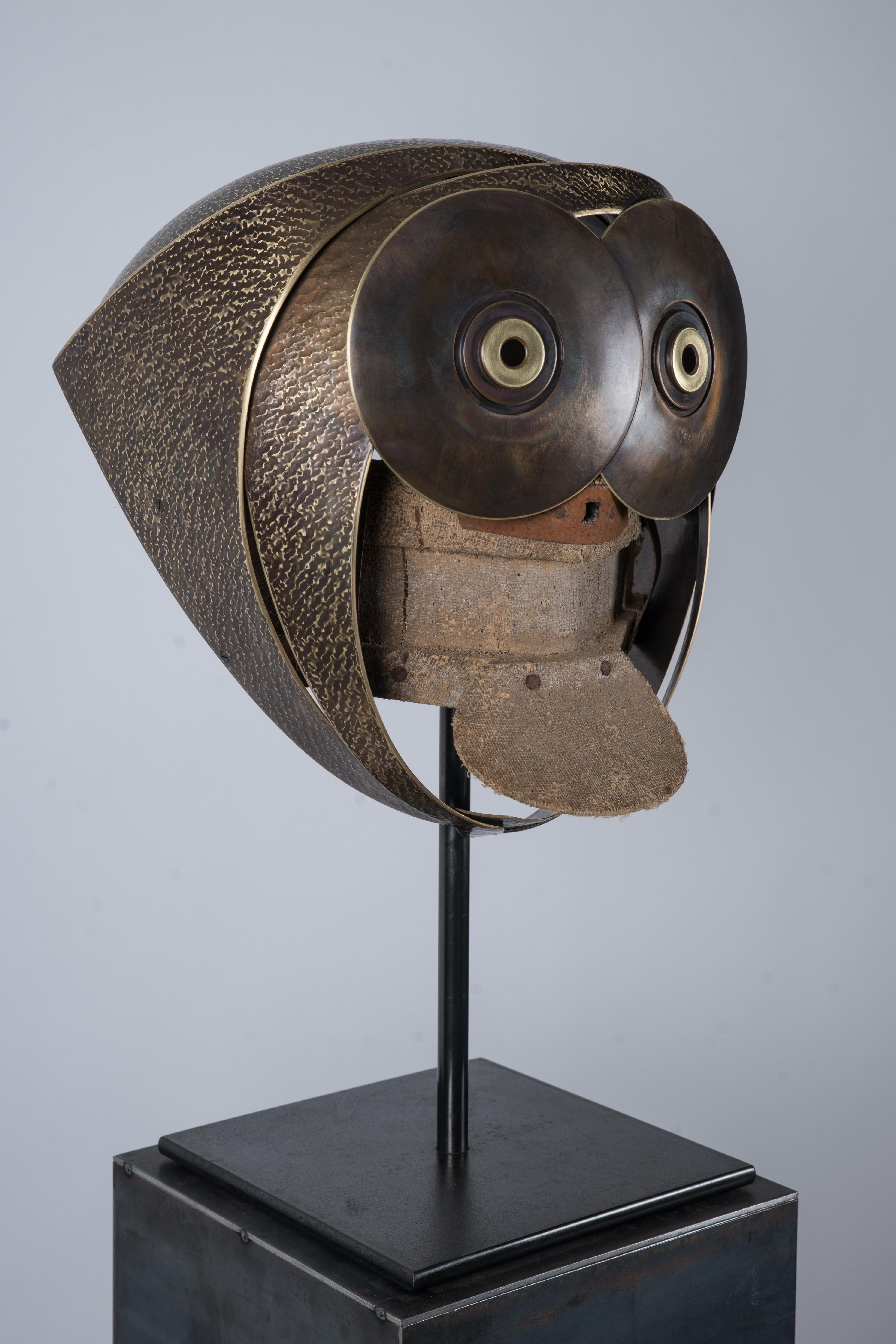 Masque « Le singe » - Sculpture en bois et laiton - Marron Abstract Sculpture par Elie Hirsch