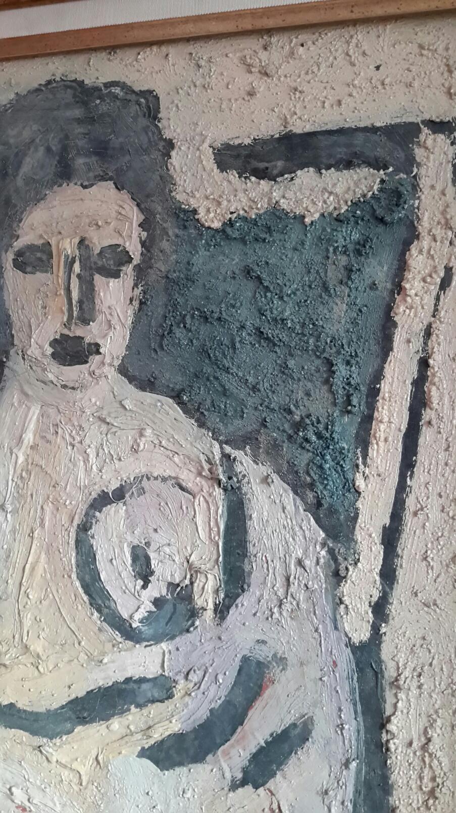 Neo Expressionist Large oil on canvas from the 70's representing  a mother and her child.
the painting is signed Henri Guibal French artist born in 1947 and still active.
This motherhood is one of his early works.
The painting is accompanied with a