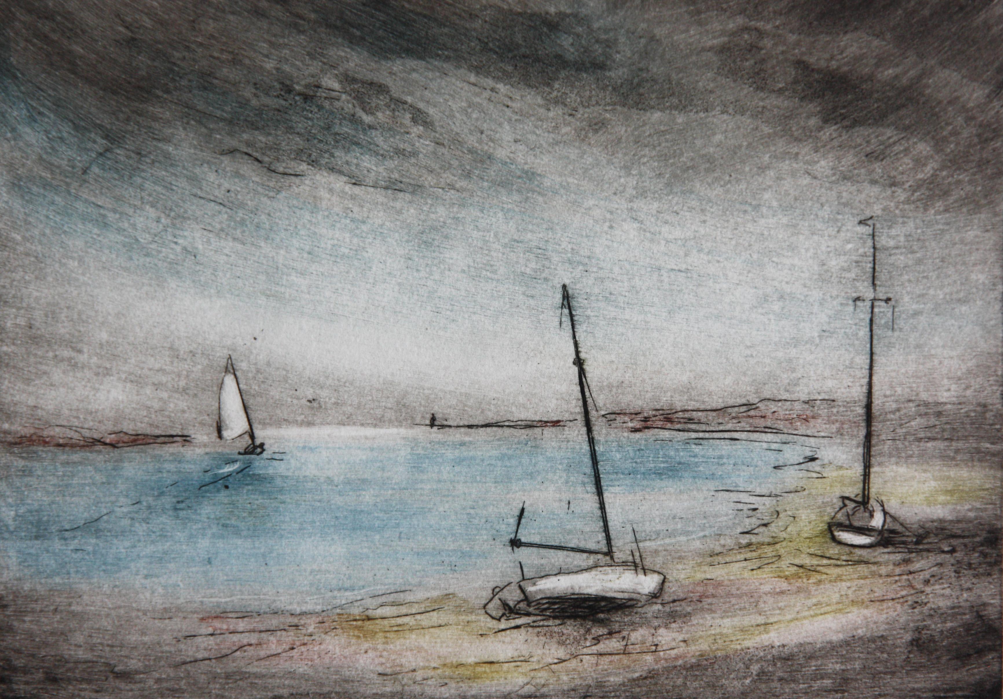 Etchings with aquatint by Baltimore, Maryland artist, Sarah Carothers Rhode (1910-2000).  The first print is entitled, "Tides Out" and depicts beached sailboats and a retreating tide.  Numbered 3/50.  The second print is smaller and entitled, 'Far