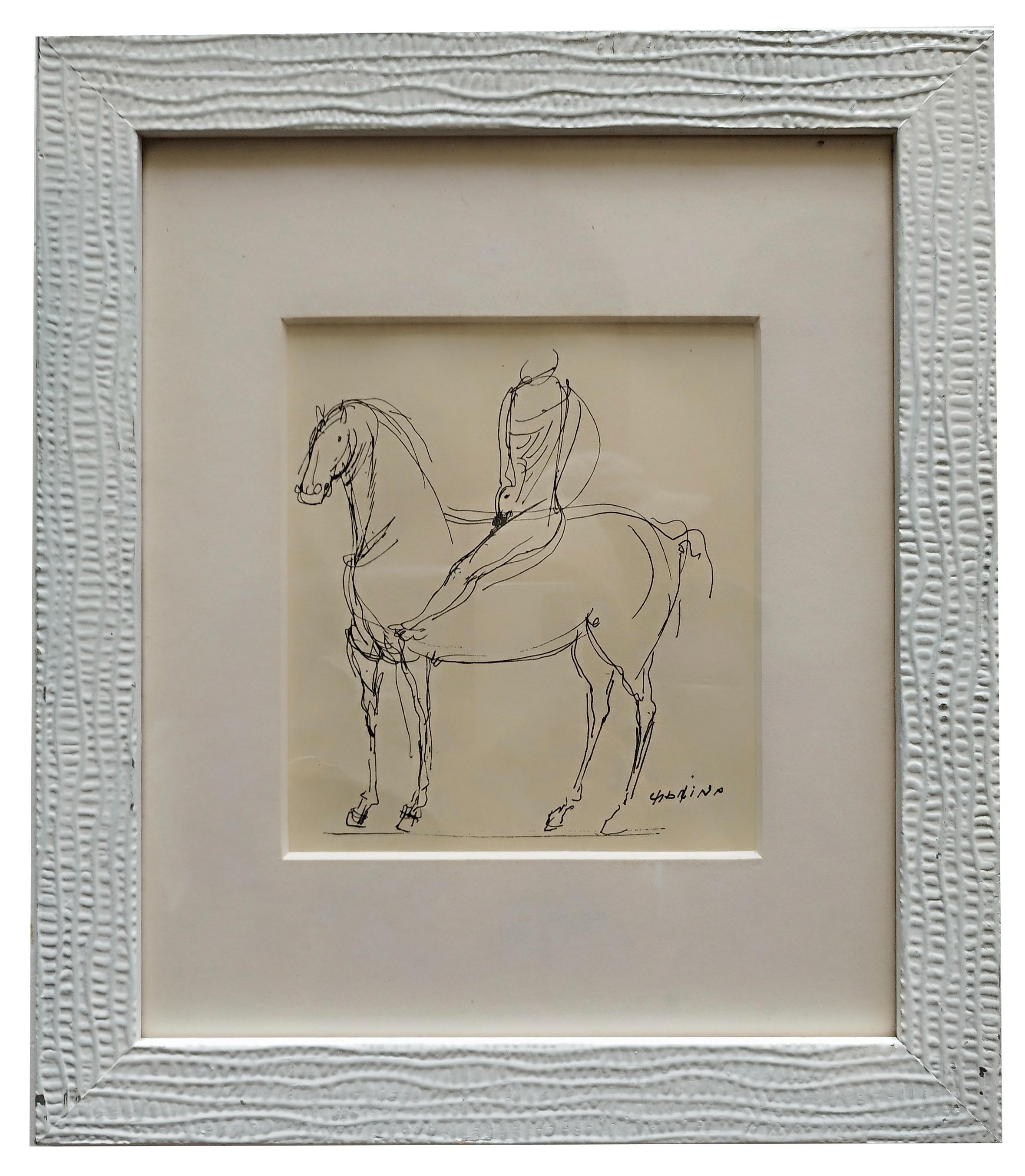 HORSE AND RIDER - Ink drawing signed Marino