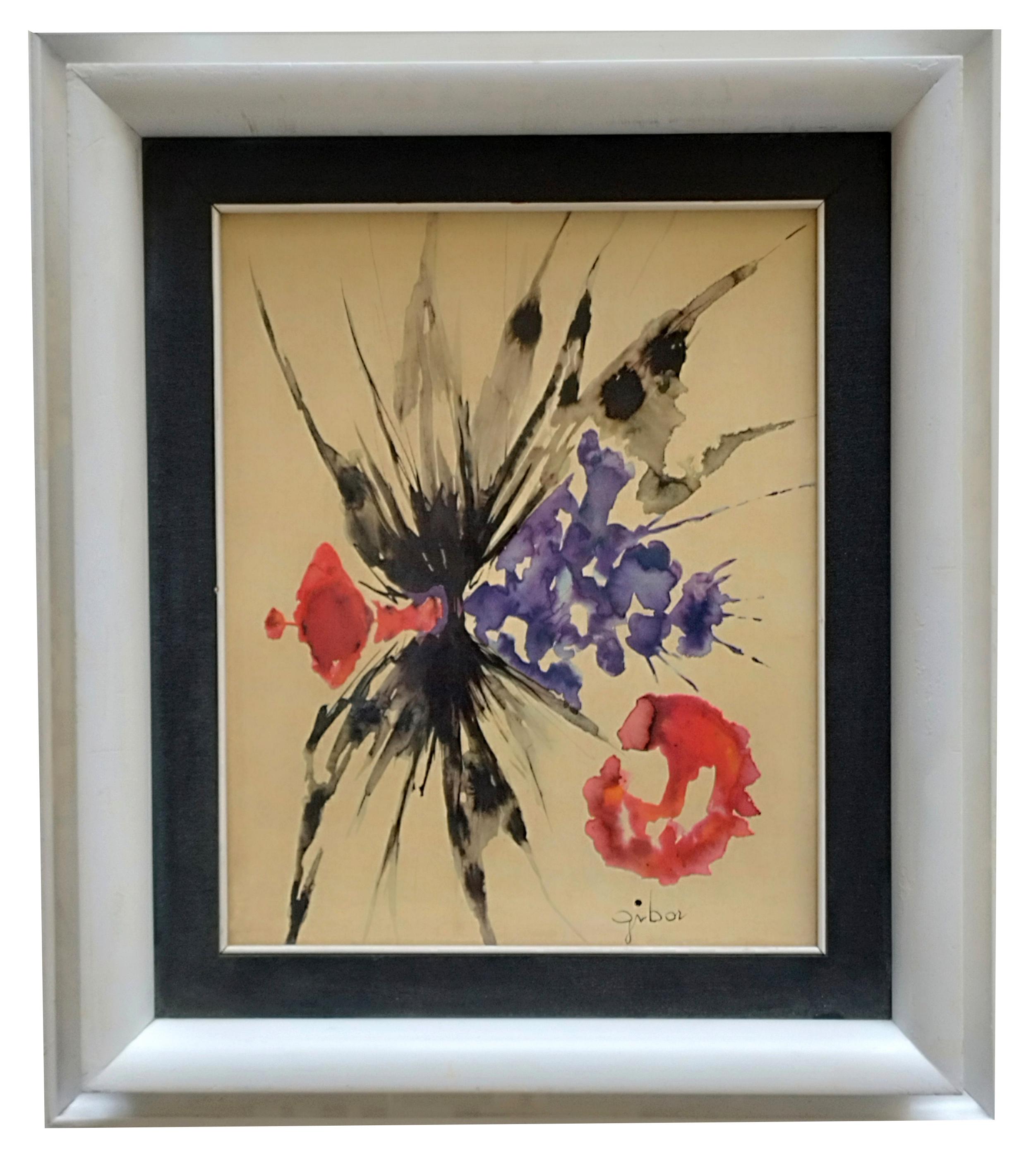 Unknown Abstract Drawing - EXPLOSION OF FLOWERS - Watercolor on paper signed Gibor, Italy 1970