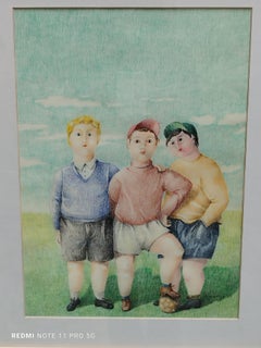 BAMBINI CON PALLONE - Disegno su carta, firma illegibile anni '70