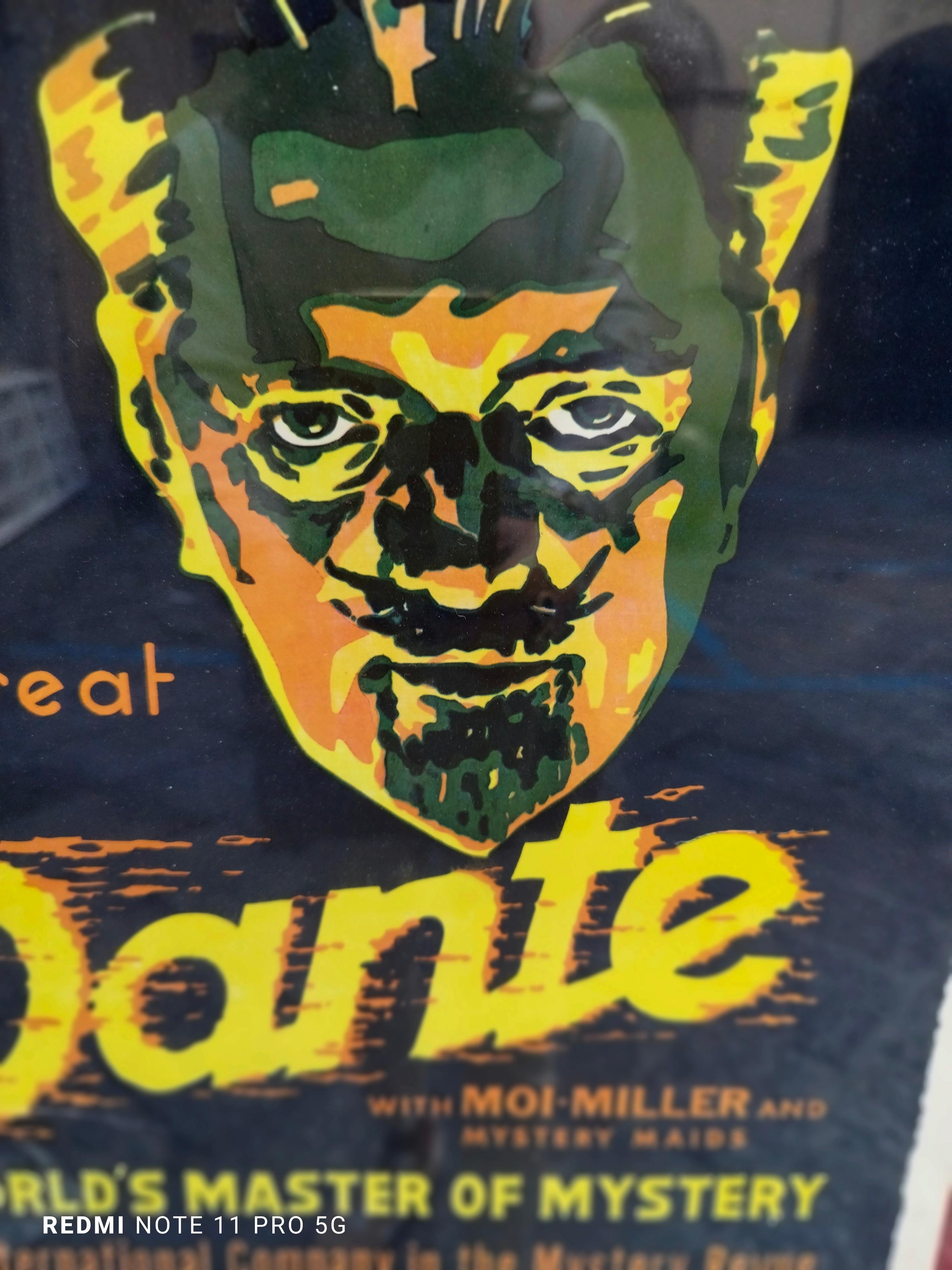 Dieses Plakat wurde verwendet, um für Dantes Zaubershow im NixonTheater Pittsburgh zu werben.
Dante (1883-1955) wurde als Sohn von Harry August Jansen in Dänemark geboren. Als Kind wanderte er in die Vereinigten Staaten aus. Er begann im Bereich der
