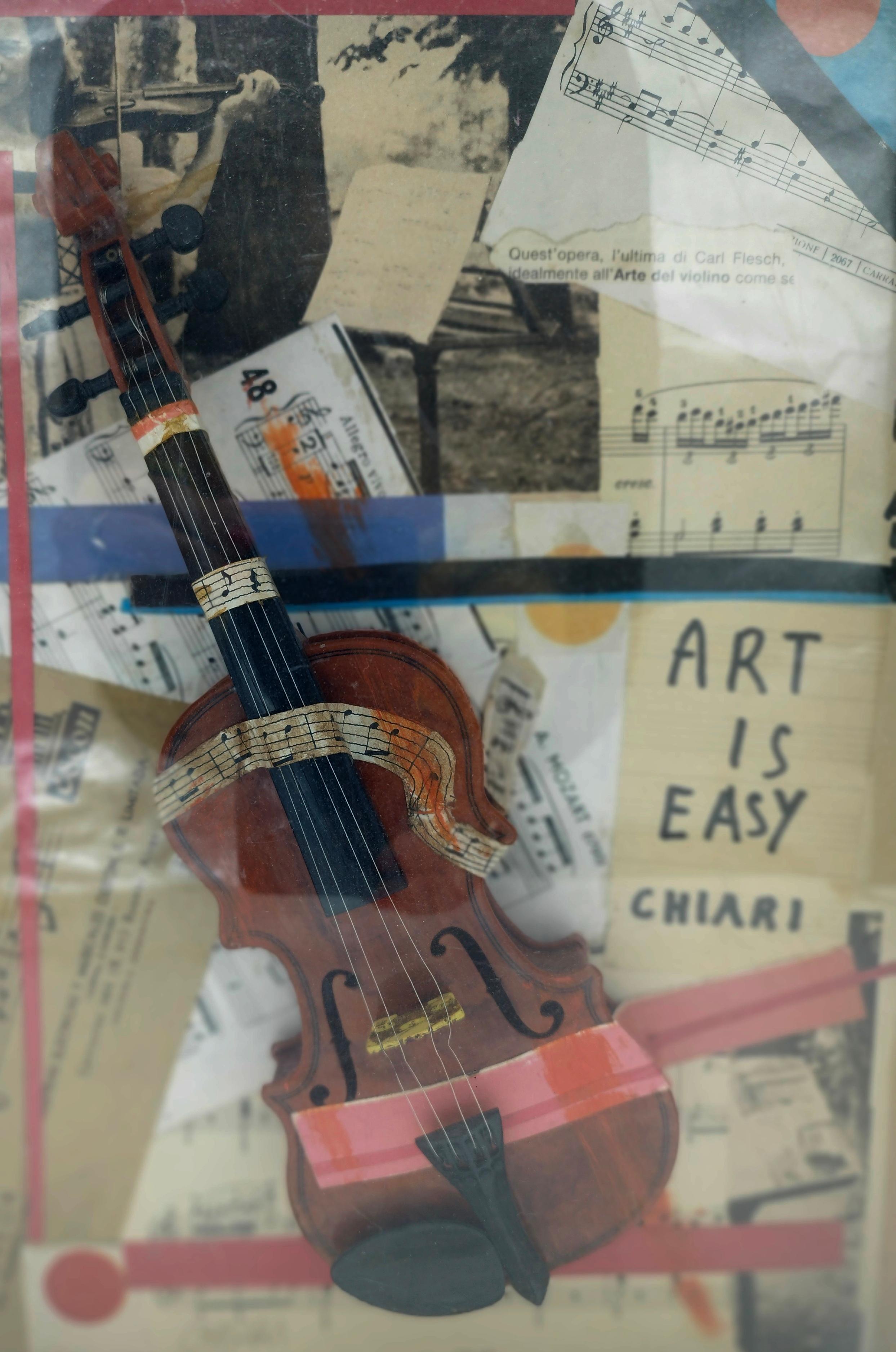 Mixed media, collage and violin on board in a wood and plexiglass case