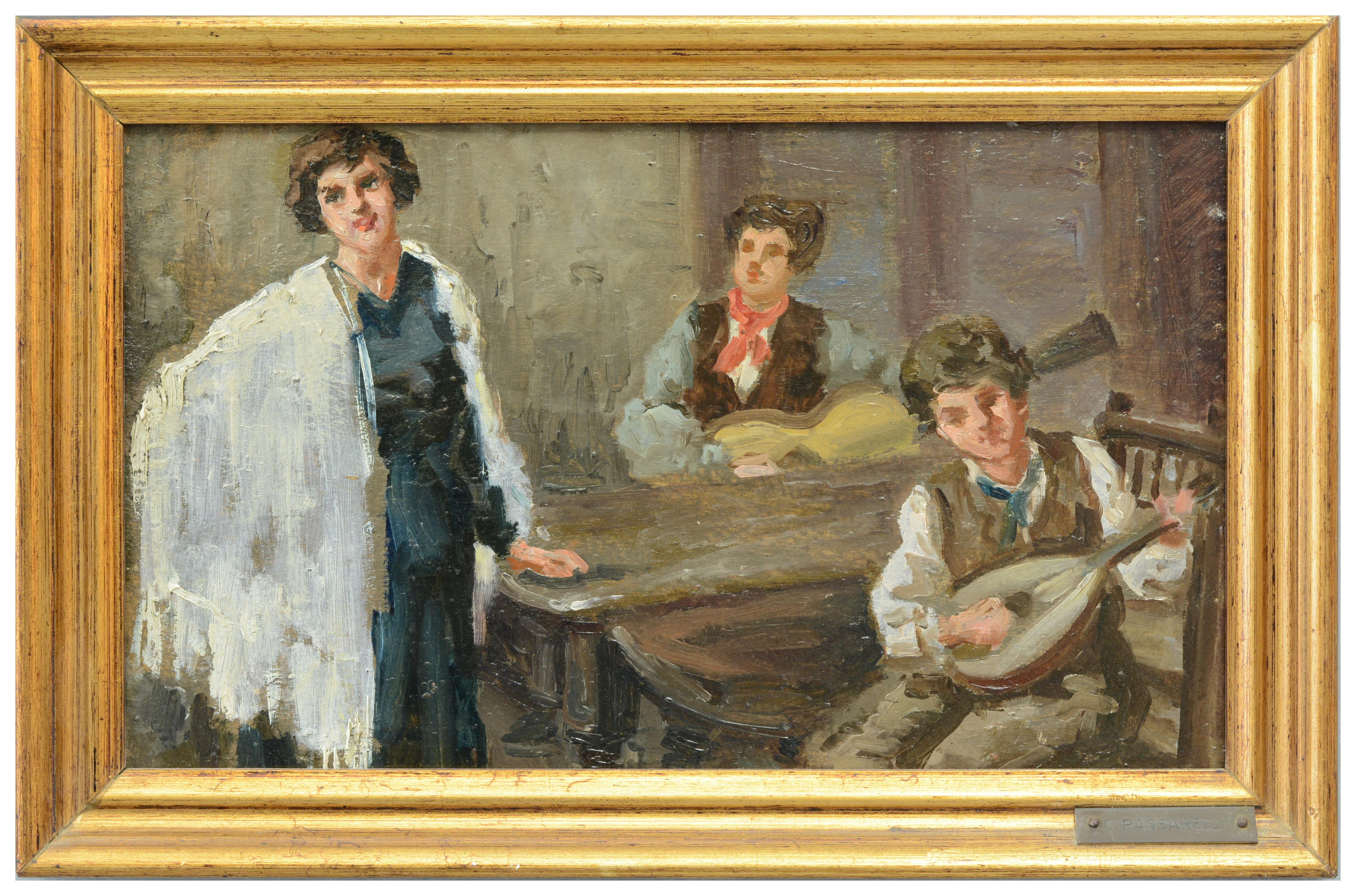 SCÈNE INTÉRIEURE - Peinture italienne figurative à l'huile sur carton, cm.17x29, Carlo Passarelli, années 1900