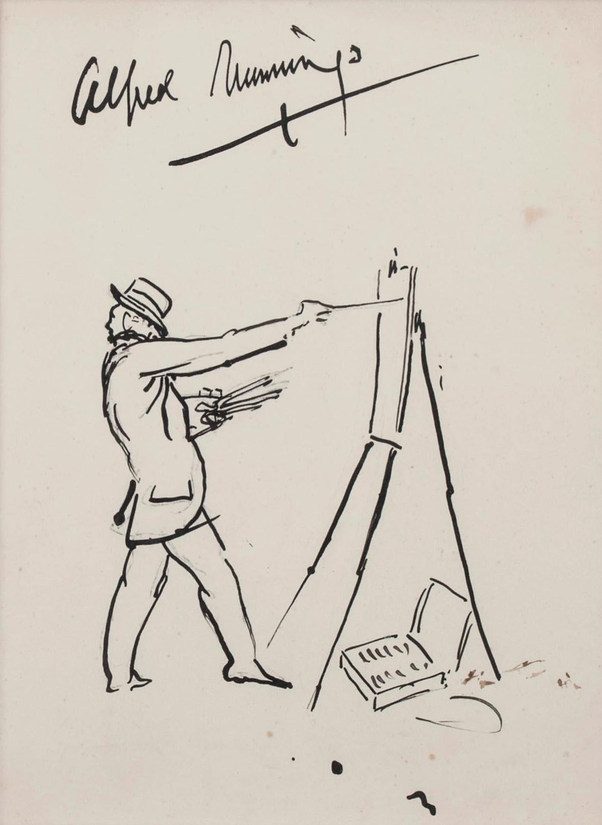 SIR ALFRED MUNNINGS
British, 1878 – 1959

Self-Portrait of the Artist at an Easel

Signed Alfred Munnings
Pen and ink on paper
11½ x 9 inches (29.2 x 22.8 cm)
Sight size: 9 x 7 inches (22.8 x 17.8 cm)
Framed: 17½ x 15¼ inches (44.5 x 38.7