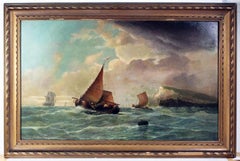 Large 19th Century Dutch Marine Oil Painting of Ships off the Coast