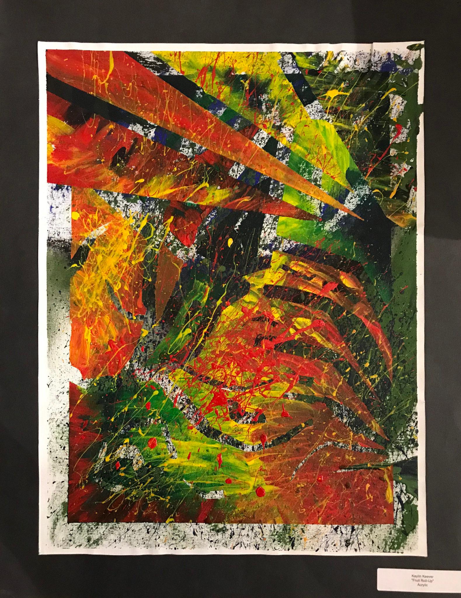 Mixed Media Painting by Kaylin Keever Entitled “Fruit Rollup”  Mixed Media on Paper  Depicts stunning colorful abstract expressionist view of fruit rollups  Signed and titled by the artist in the lower right margin of the image, and titled by the