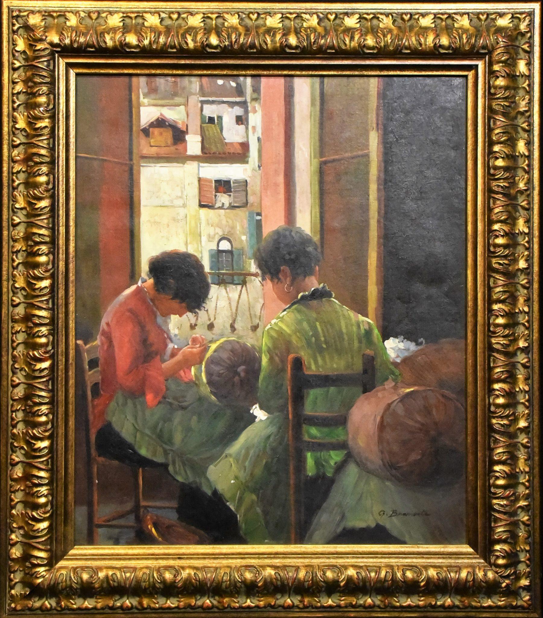 Girls Sewing - George Bramanta Original Oil on archival canvas. Hand signed by the artist. One of a kind. Includes certificate of authenticity. Custom framed. Approx. 24x30.