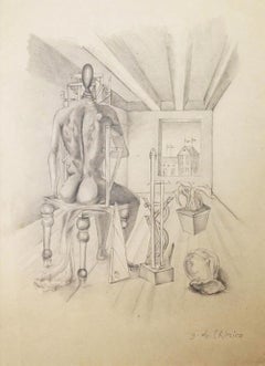 Dessin italien original de Giorgio De Chirico:: Intérieur métaphysique:: 1916