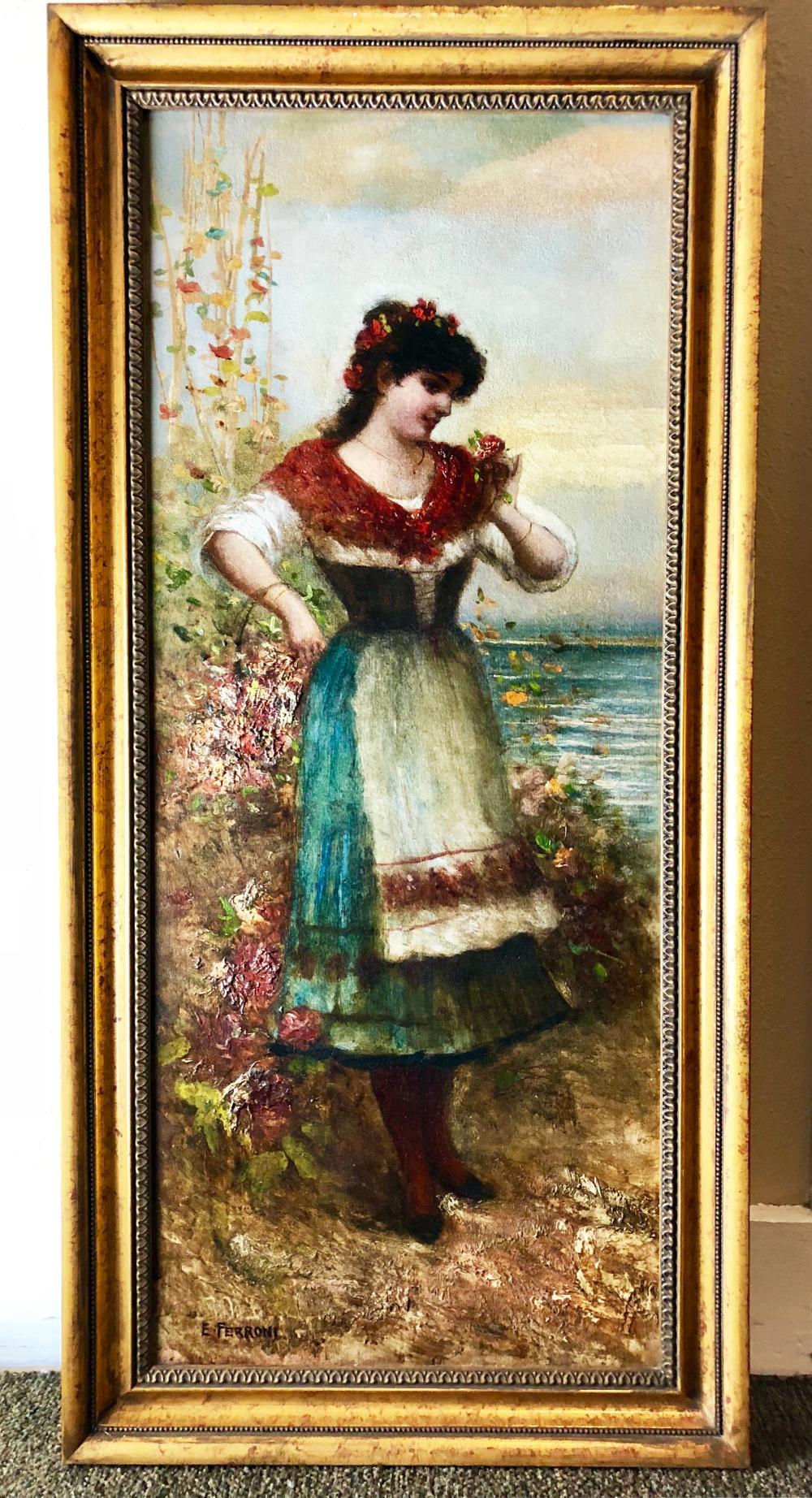 A 19th Century antique portrait oil painting by acclaimed and well listed Italian artist Egisto Ferroni (1835-1912)  Entitled "Women with a Basket"  Oil on Canvas  Housed in a newer gold gilded wood frame  Measures 32.5" H x 13.5" W  In very good