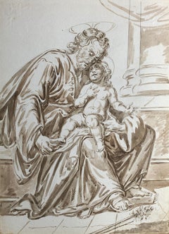 Religious Figural Drawing with Pen & Ink Wash After il Guercino