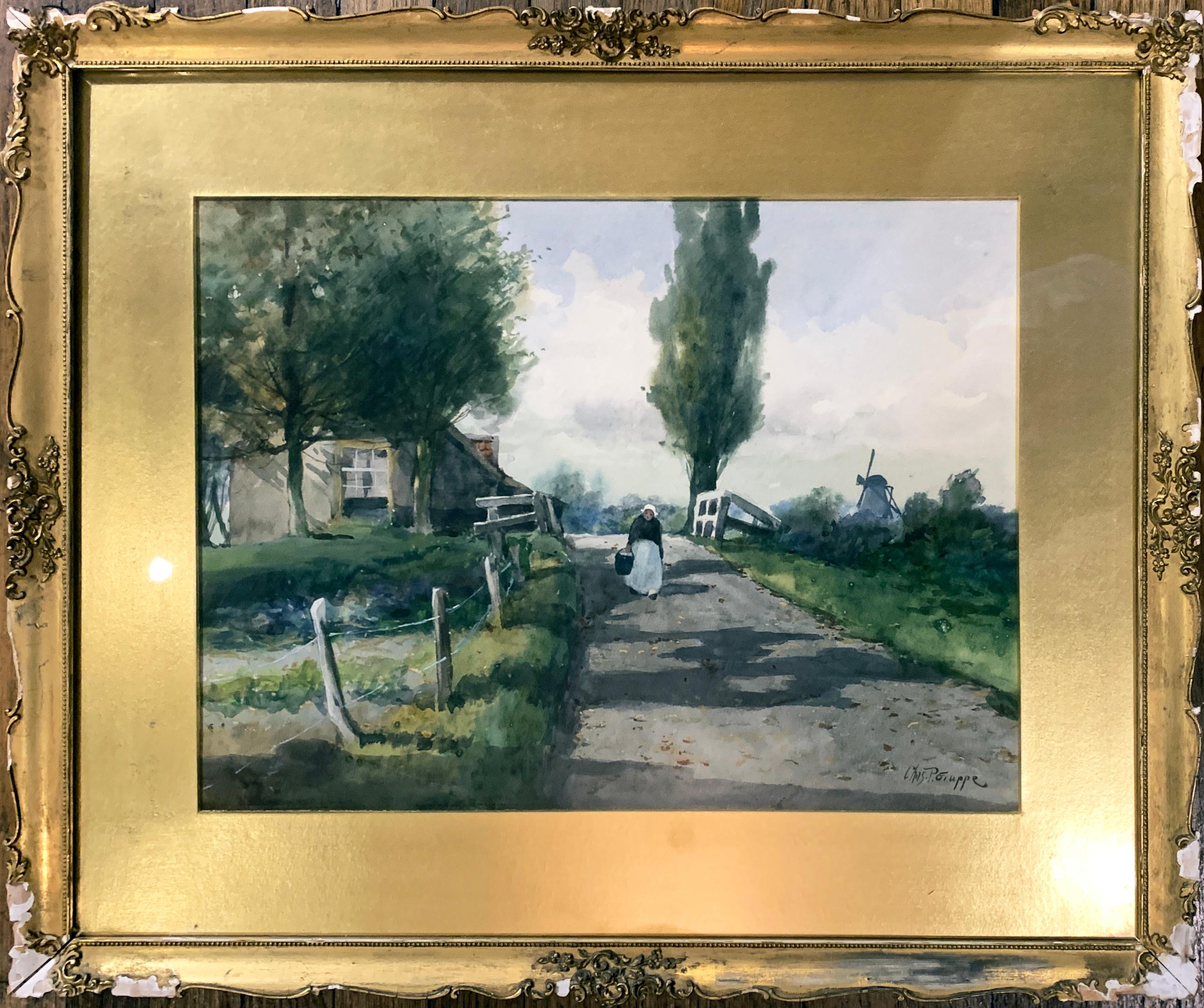 Dutch Landscape Watercolor Painting by the popular well listed artist Charles Paul Gruppe (Canada, 1860 - 1940, New York City)  Dutch School, Circa 1898  Watercolor on Paper  Housed in a period gold gilt gesso wood frame, matted gold gilt and framed