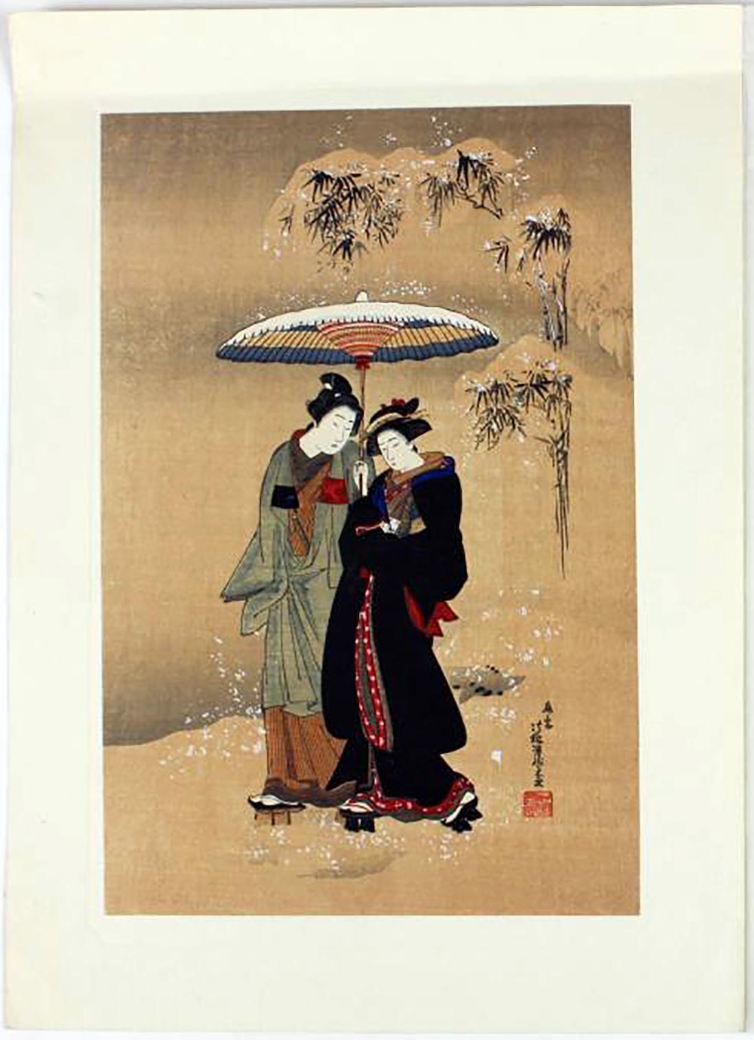 Koryusai Isoda Figurative Print - Japanese Ukiyo-e woodblock print by Isoda Koryusai entitled "A BEAUTY IN THE SNO