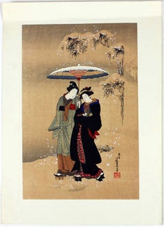 Japanischer Ukiyo-e-Holzschnitt von Isoda Koryusai mit dem Titel „A BEAUTY IN THE SNO“