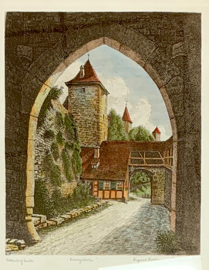 Ernst Geissendorfer Landscape Print - Hand-Colored Etching "Rothenburg ob der Tauber" by Ernst Grissendorfer