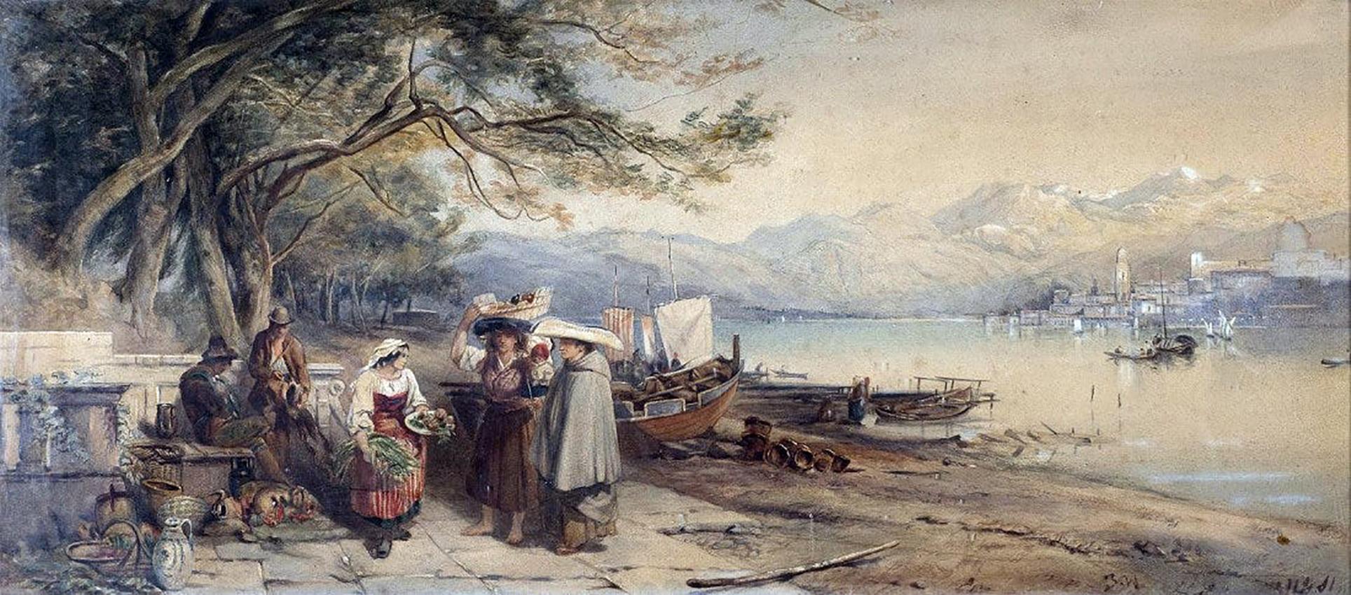 Unknown Landscape Art - 19th c. Italian Figural Landscape Watercolor Painting Lombardy, Italy