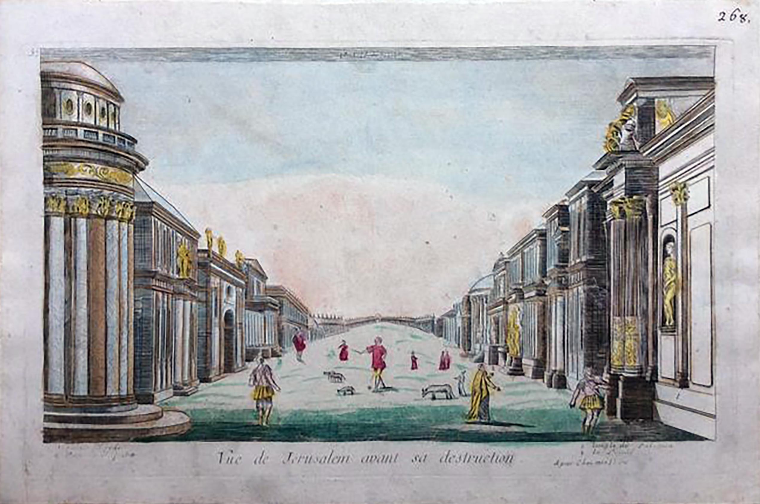 18th c. Hand-colored Optical View Engraving VUE OF JERUSALEM AVANT SA DESTRUCTION [VIEW OF JERUSALEM BEFORE ITS DESTRUCTION] by Louis-Joseph Mondhare (French, 1734-1799)  Published: Paris, France, ca. 1780  Inscribed in upper right corner with plate