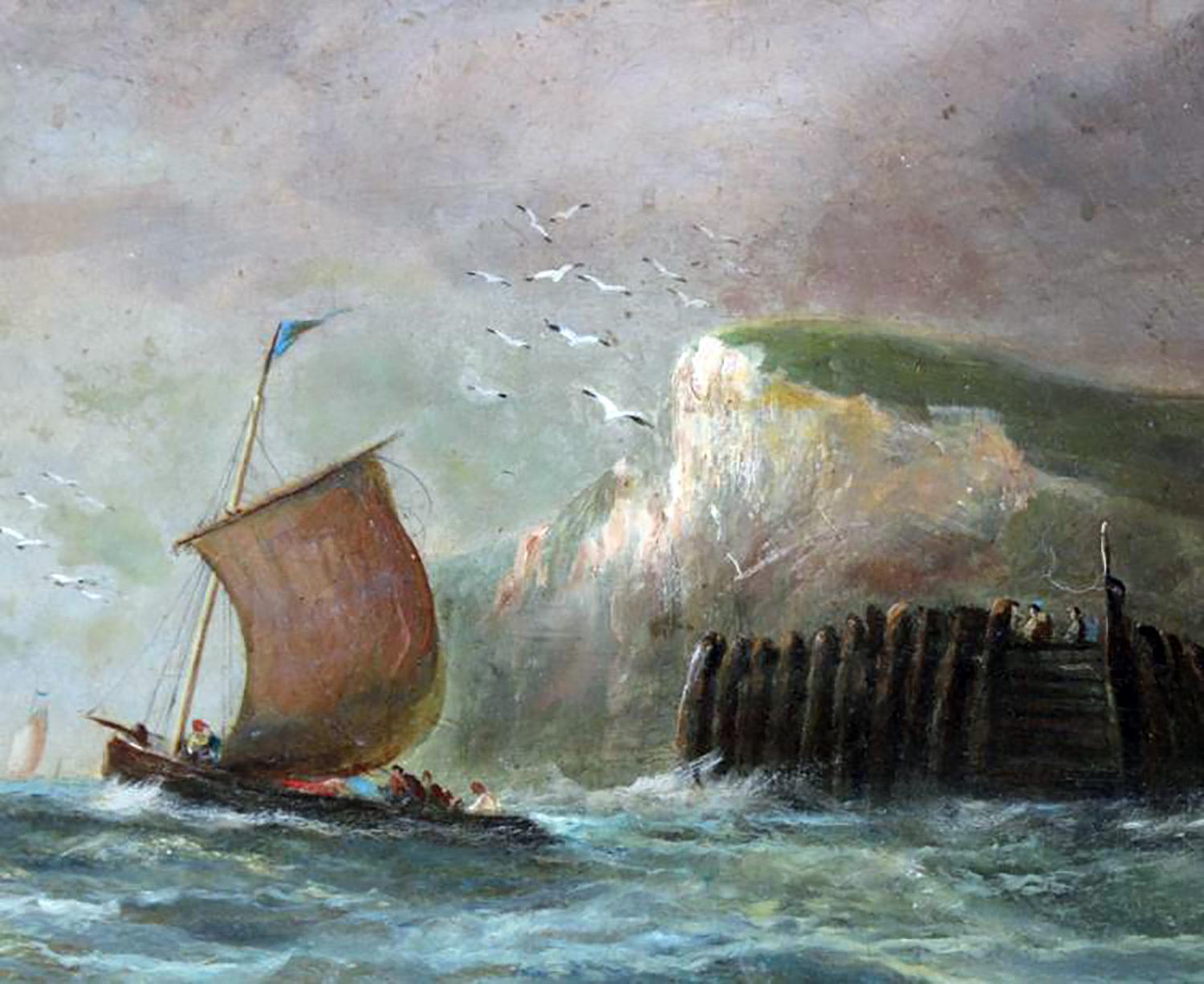 Large antique Dutch marine / seascape oil painting  Oil on Canvas  Depicts a beautiful scene with white cliffs and sailing ships  Appears to be unsigned  Capo auction label affixed to the frame attributes the painting to T. (Thomas) Lintott. Housed