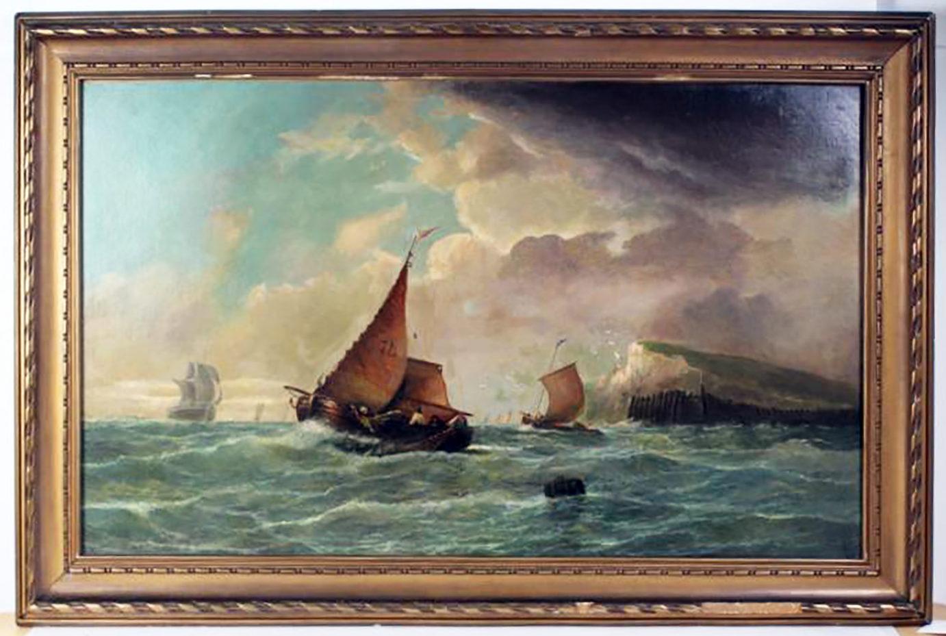 Large 19th Century Dutch Marine Oil Painting of Ships off the Coast 4