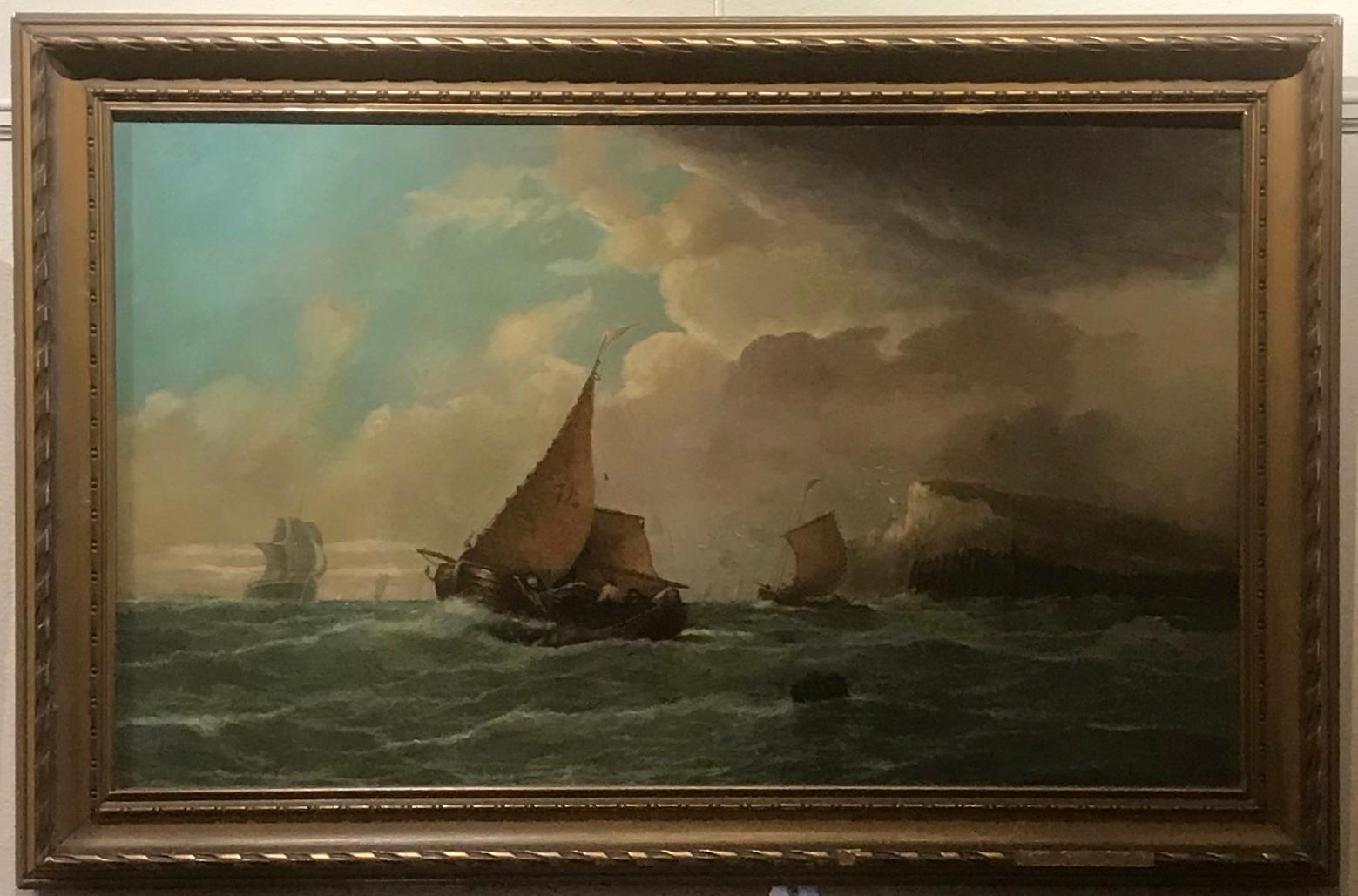 Large 19th Century Dutch Marine Oil Painting of Ships off the Coast 6