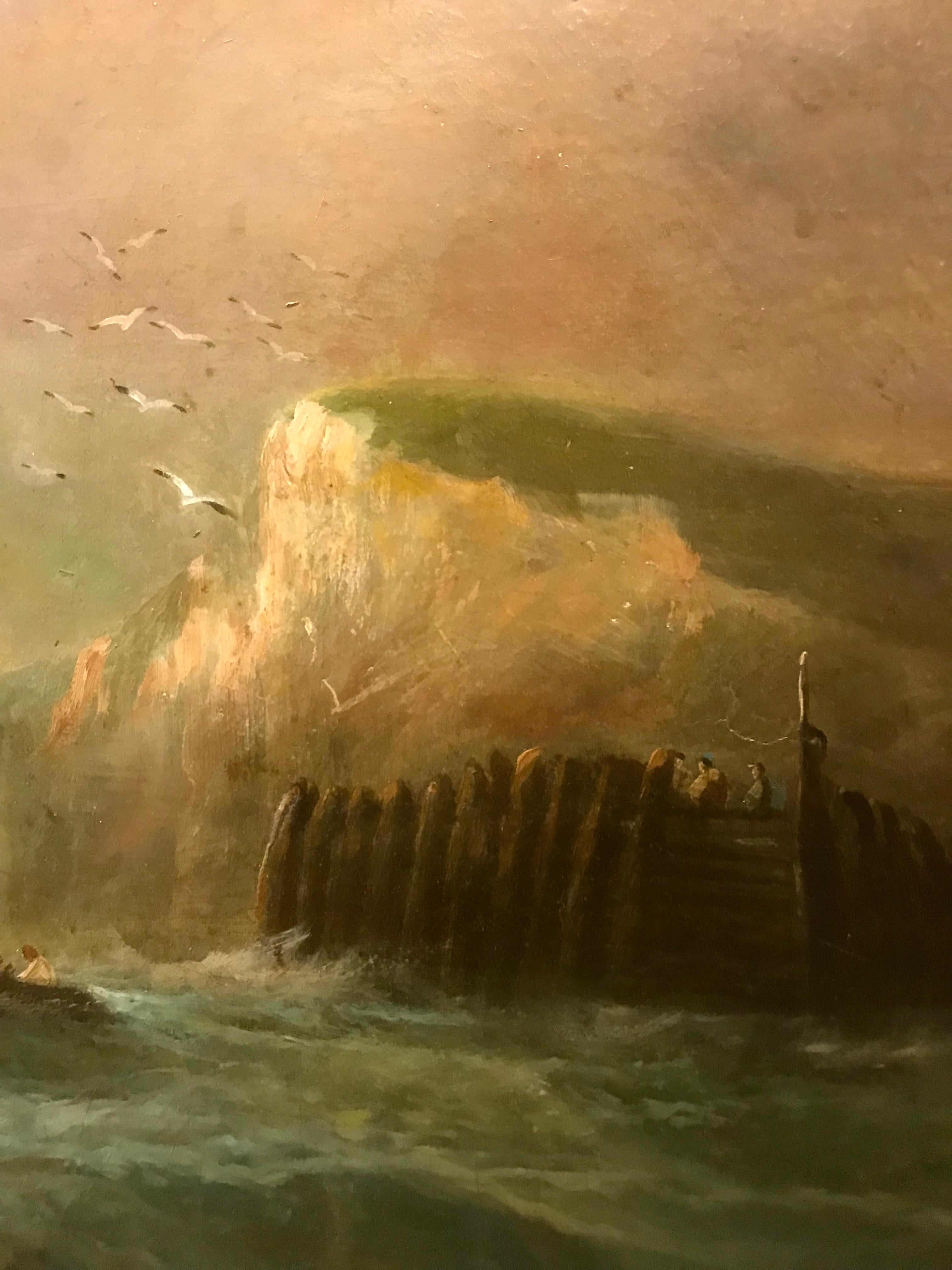 Large 19th Century Dutch Marine Oil Painting of Ships off the Coast 10