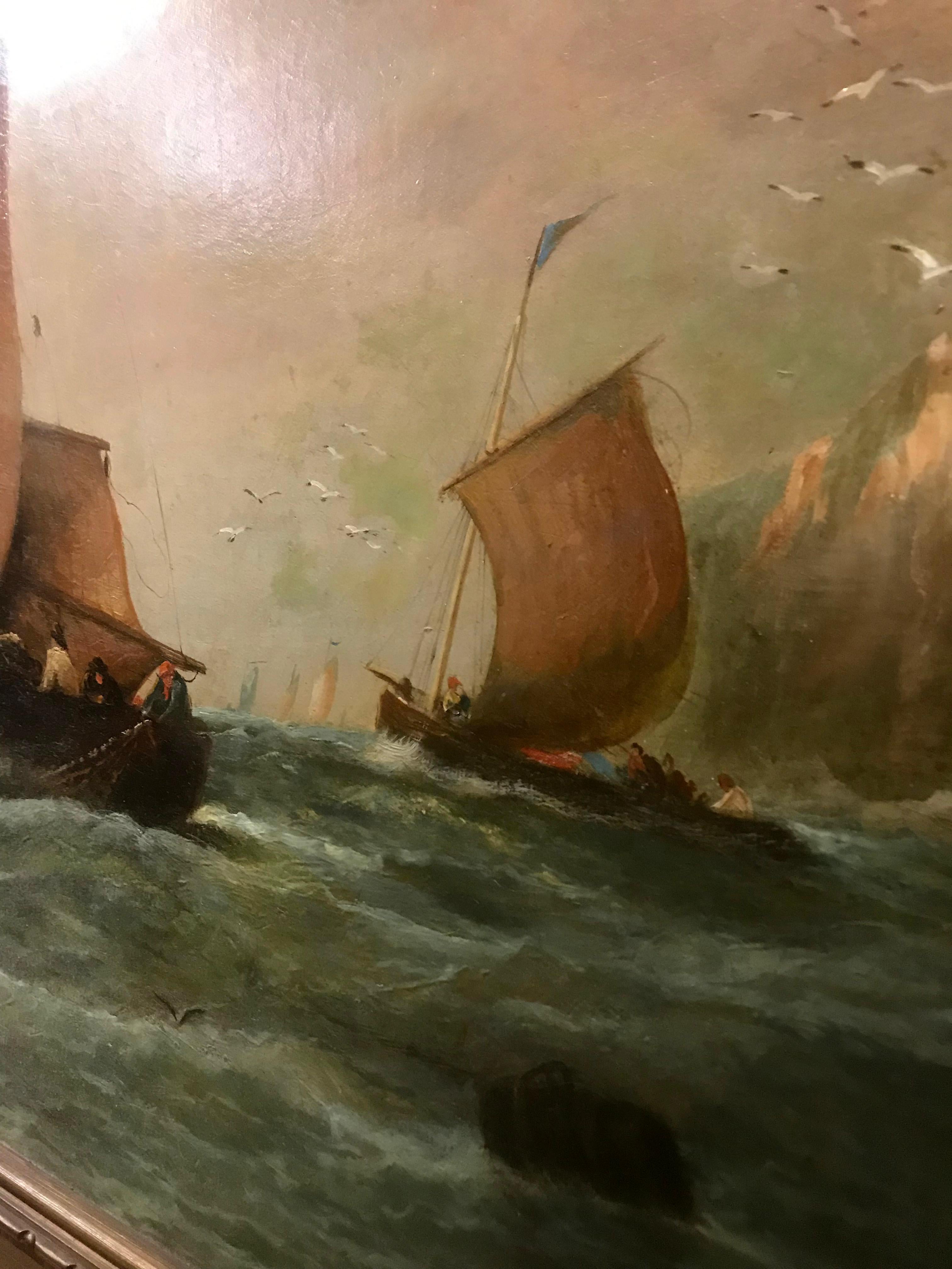 Large 19th Century Dutch Marine Oil Painting of Ships off the Coast 12