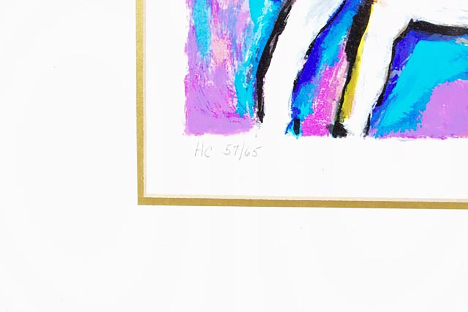 A serigraph on wove paper depicts Horseback Queen Capture by listed artist, Zamy Steynovitz (Israeli, 1051 ��– 2000). The print depicts an Abstract Modern scene. The hors de commerce edition is numbered HC 57 out of 65 to the lower left corner and