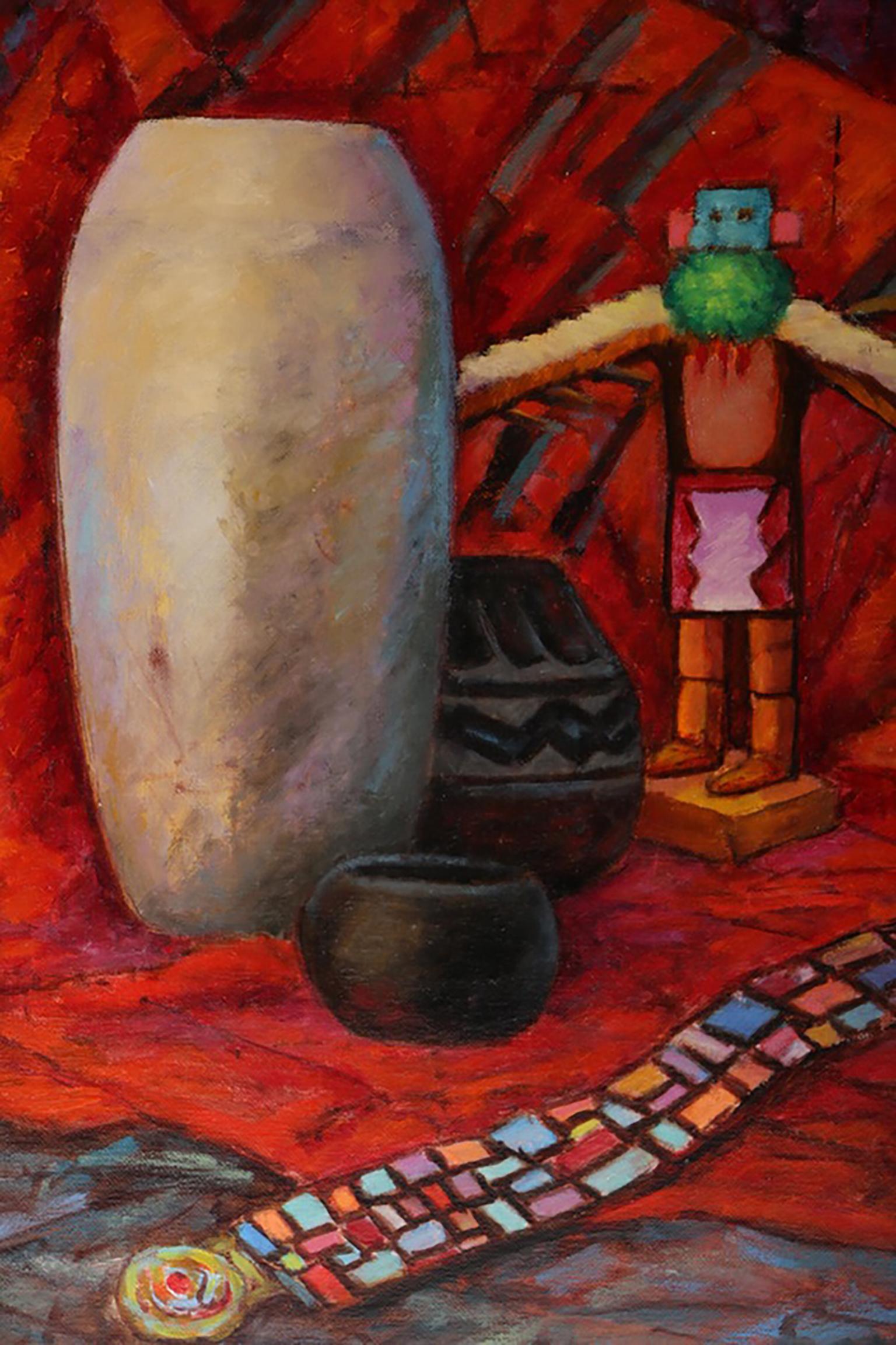 An original oil painting on canvas by well listed American painter Jacques Colbert (1913-1995). It depicts a Native American arrangement of a pale tall vase, two shorter vases, a vibrant mosaiced belt, and a figural stattuette, against draped red