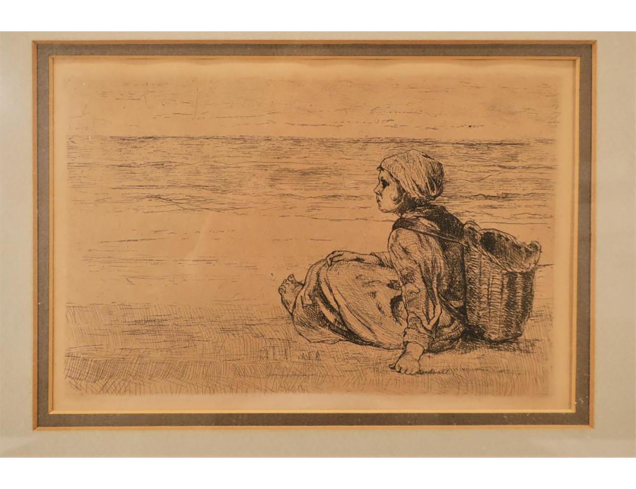 19th Century Etching by Jozef Israels (Dutch, 1824-1911), entitled ''Bauermadchen mit korb am Strand