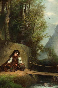 19th Century Oil Landscape by George Brainerd Burr “Waiting by the Foot Bridge"