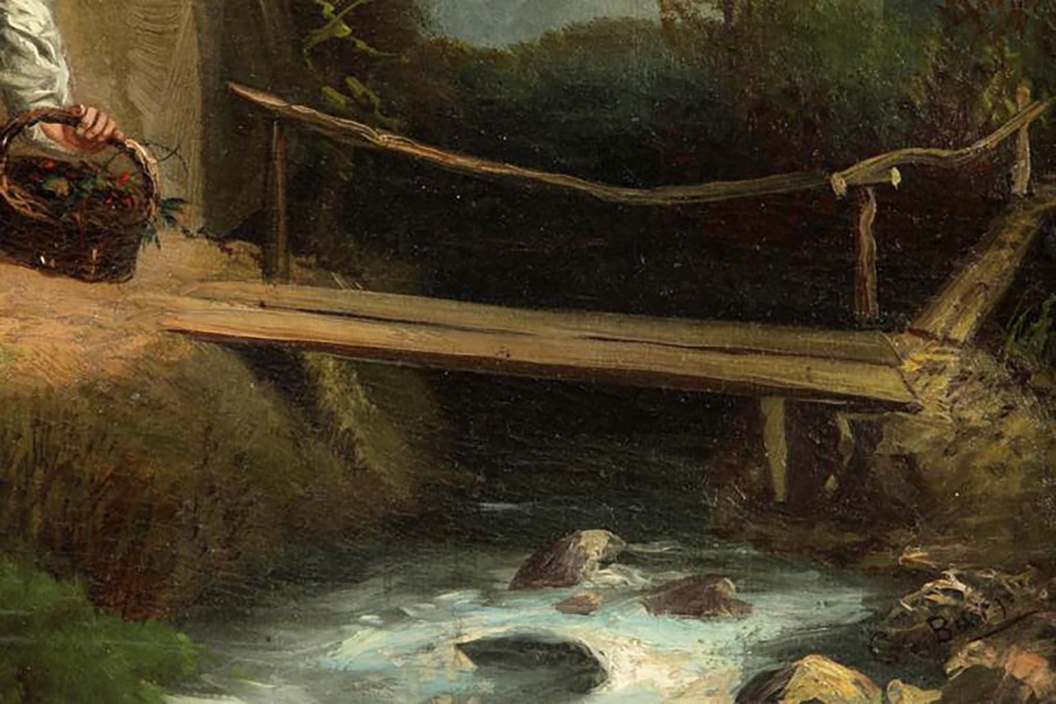 19th Century Oil Landscape by George Brainerd Burr “Waiting by the Foot Bridge