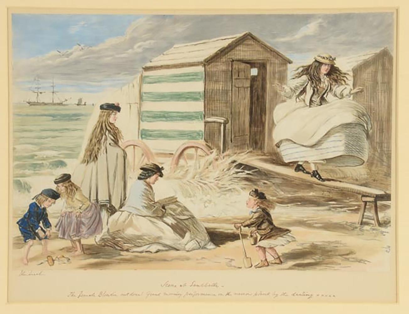 An antique chromolithograph by well-listed English illustrator John Leech (1817-1864) titled Scene at Sandbatte, published in 1865, England. The title is printed to the center of lower margin; below it, text reads, “The female blondin outdone! Grand