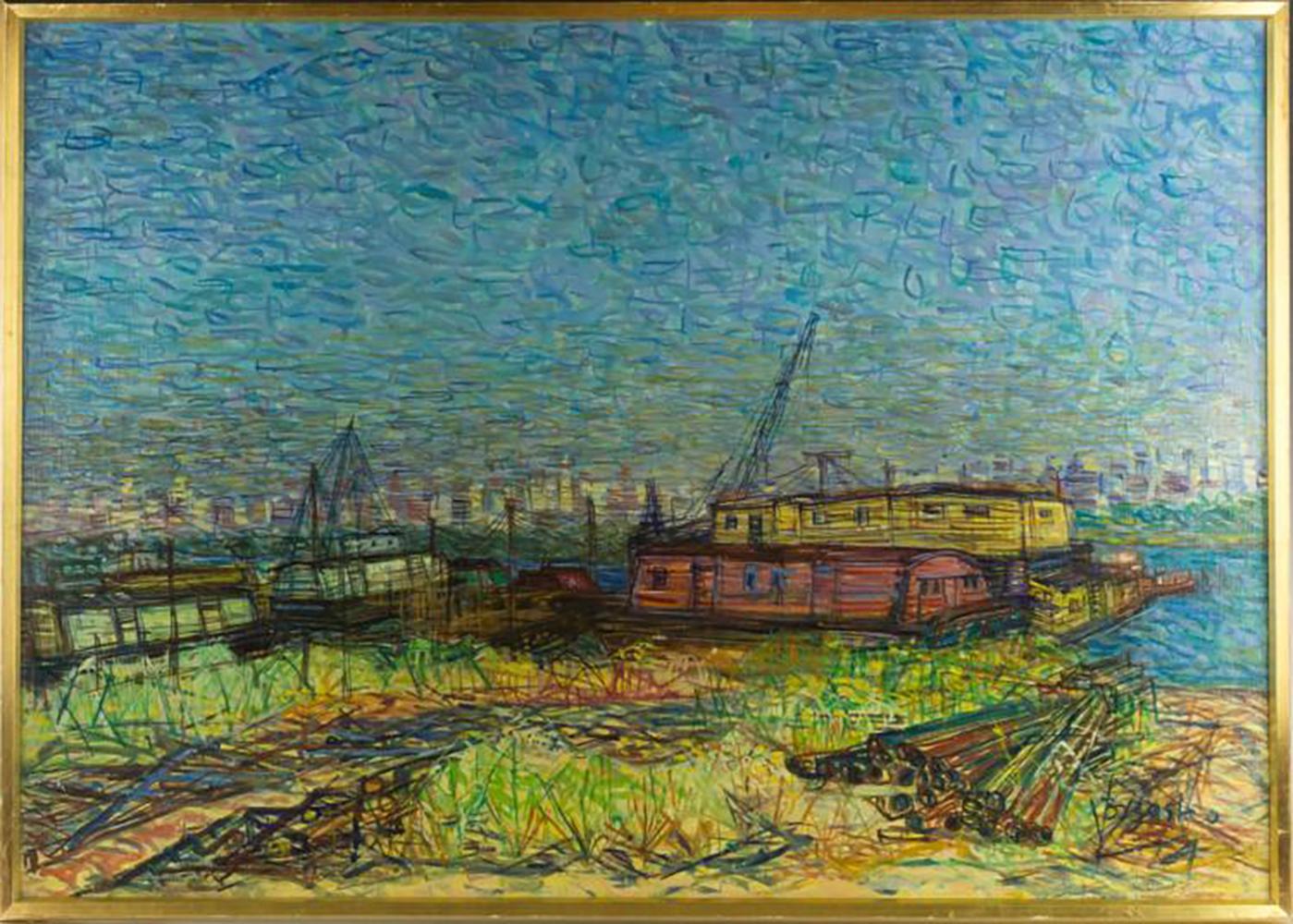Wladyslaw Brzosko (1912-2011) « Paysage de rivière avec Barges, rivière Hudson » en vente 1