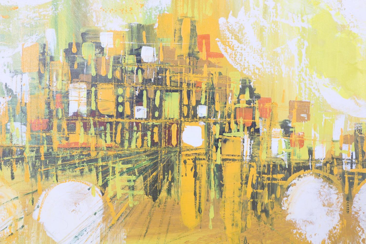 An oil painting of an abstract cityscape by Lee Reynolds. This painting on canvas depicts a textured city against a canary yellow background accented with wisps of white painting. An artist signature is seen in black towards the bottom right corner.