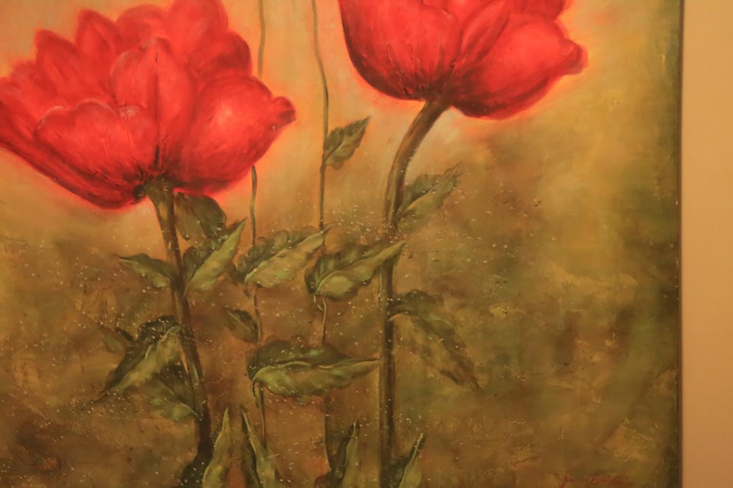 A large oil on canvas signed K. Beck. This large, square shaped oil painting features two red peonies. It is signed K. Beck in paint to the lower right.