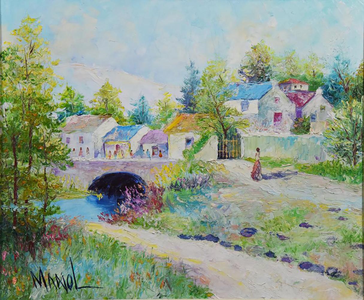 Description: Remarkable Villagescape Oil Painting by the popular and well-listed Greek artist John Adamos Manol (Greece, b. 1900) Entiteld “Figural Villagescape”  Oil on Canvas  Colorful Impressionism Composition of a Landscape with Figures  Signed