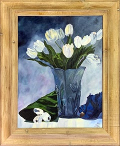 Floral Still Life Oil Painting by Ann Fleming Entitled WHITE TULIPS IN BLUE VASE