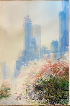 ORIGINAL WATERCOLOR BY BOGOMIR BOGDANOVIC "CENTRAL PARK IN SPRING"