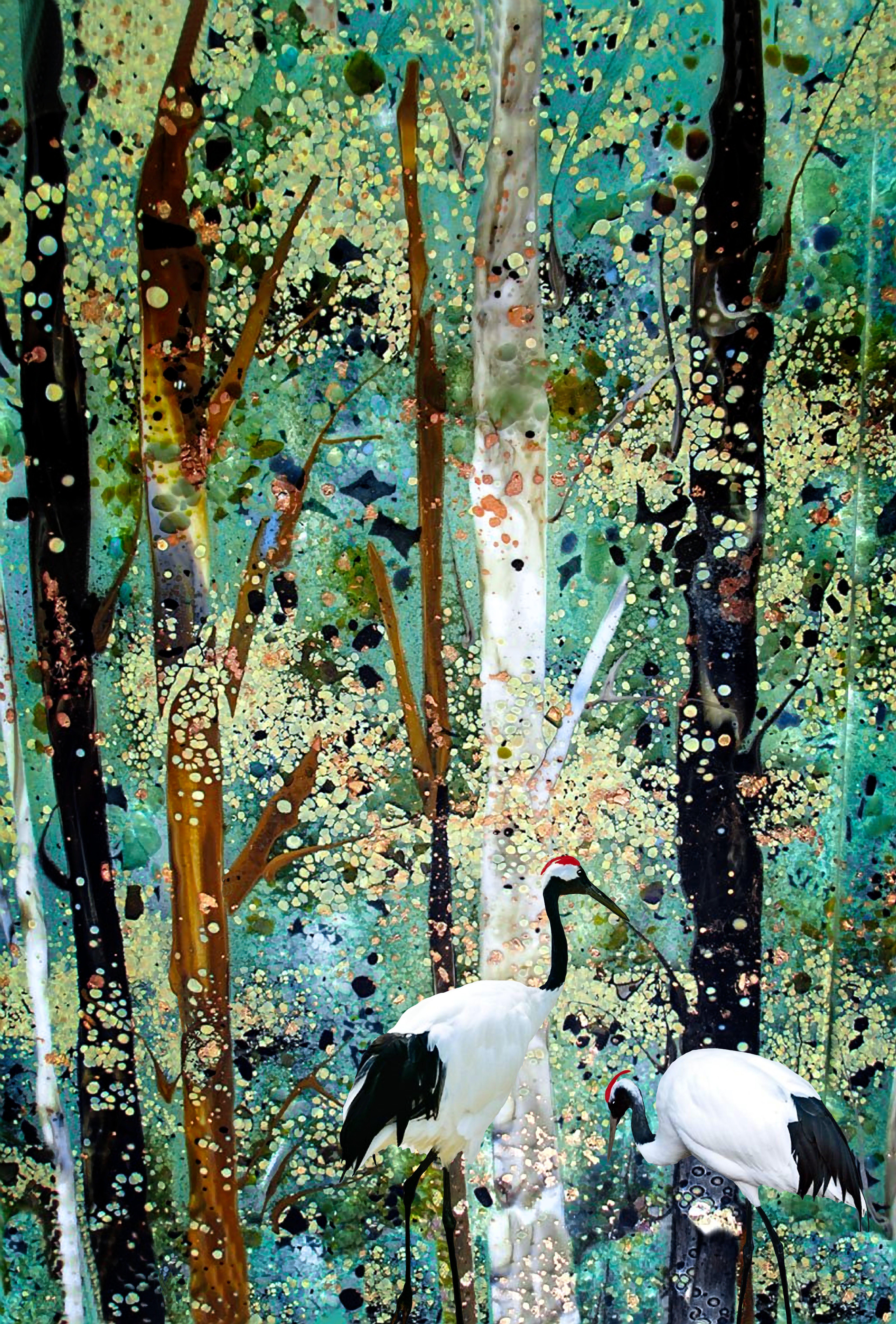 Clay Harris Animal Painting - 2 Cranes at Forest's Edge