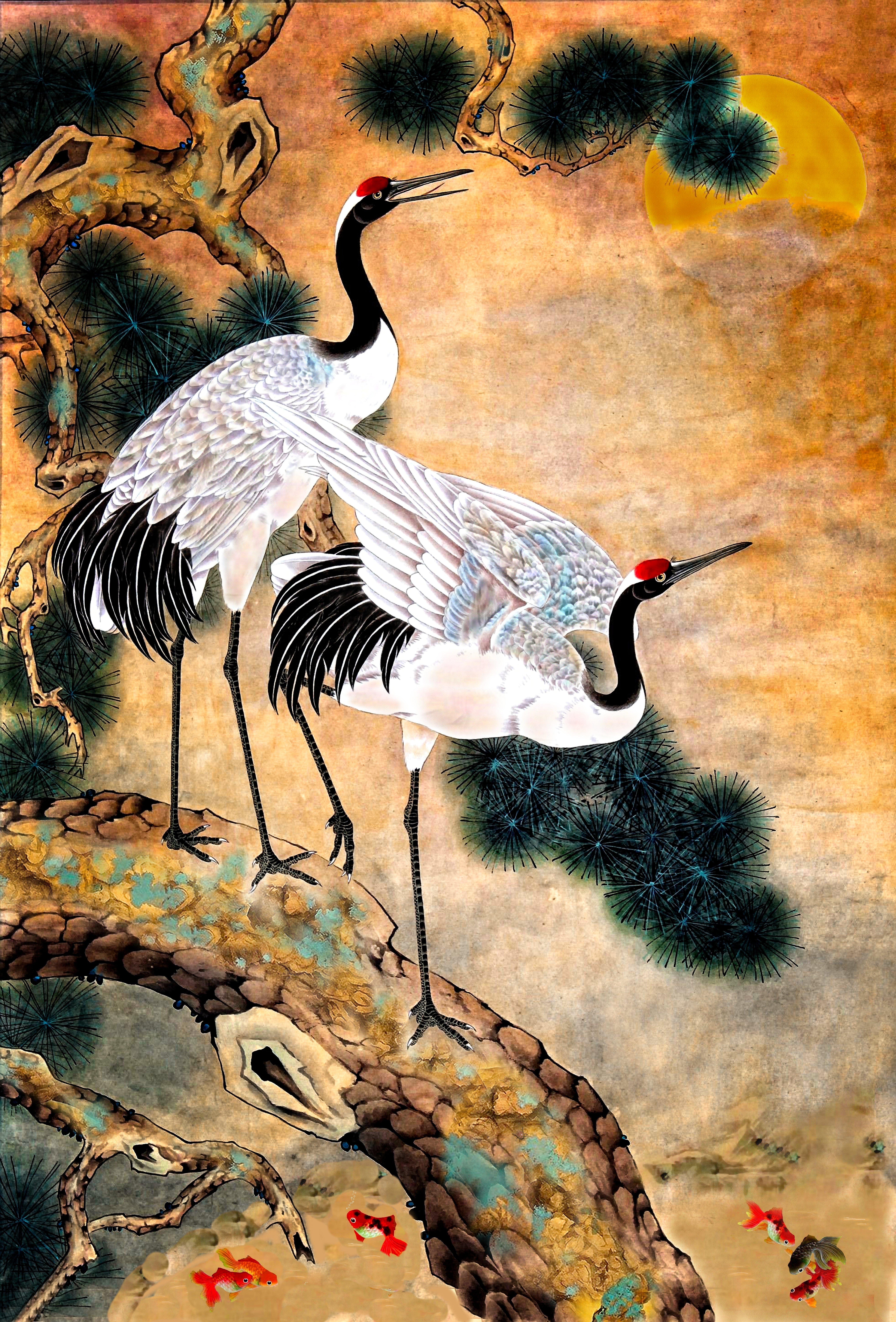 Clay Harris Animal Painting - 2 Cranes in a Tree and Koi