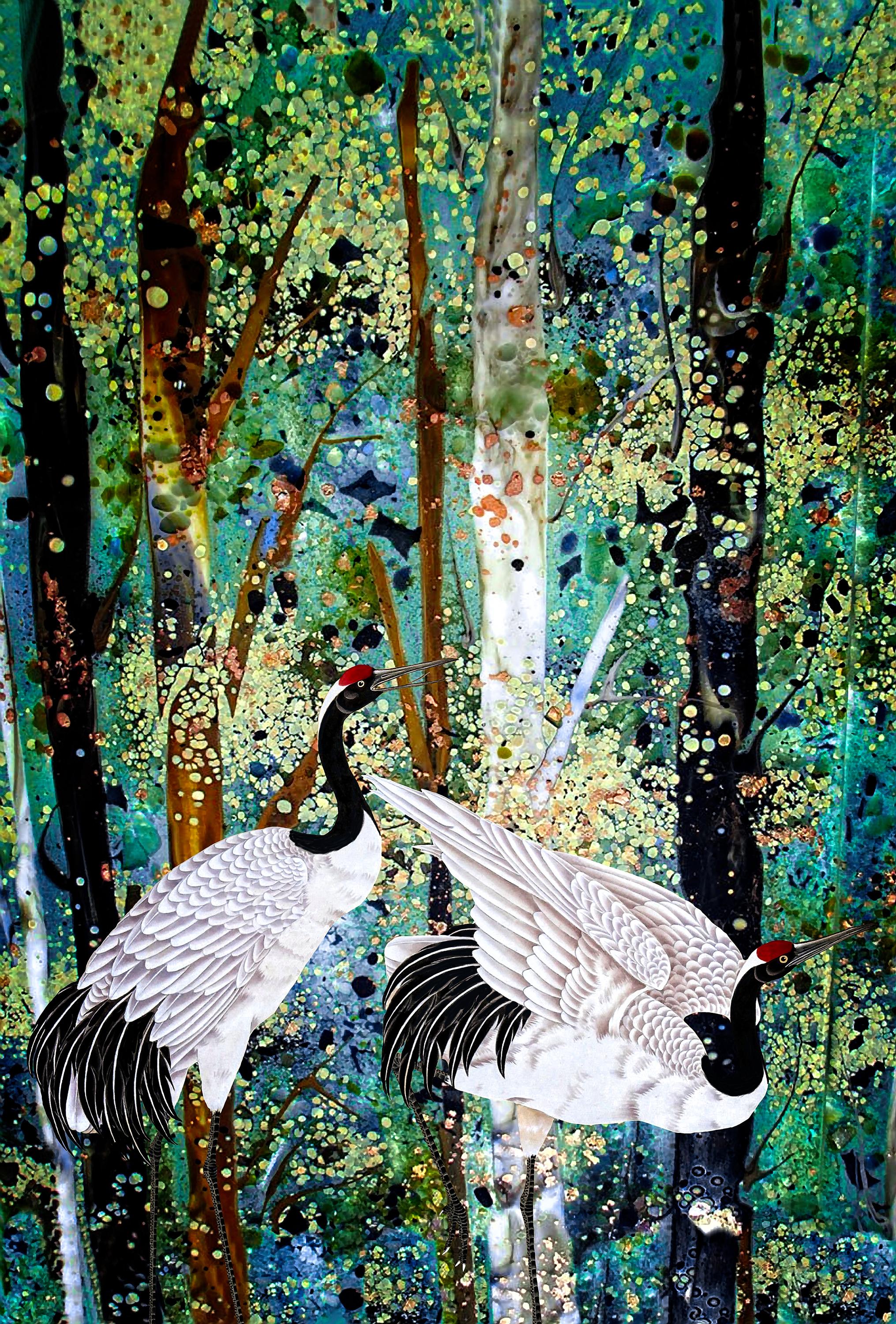Clay Harris Animal Painting - 2 Cranes Under a Nut Tree