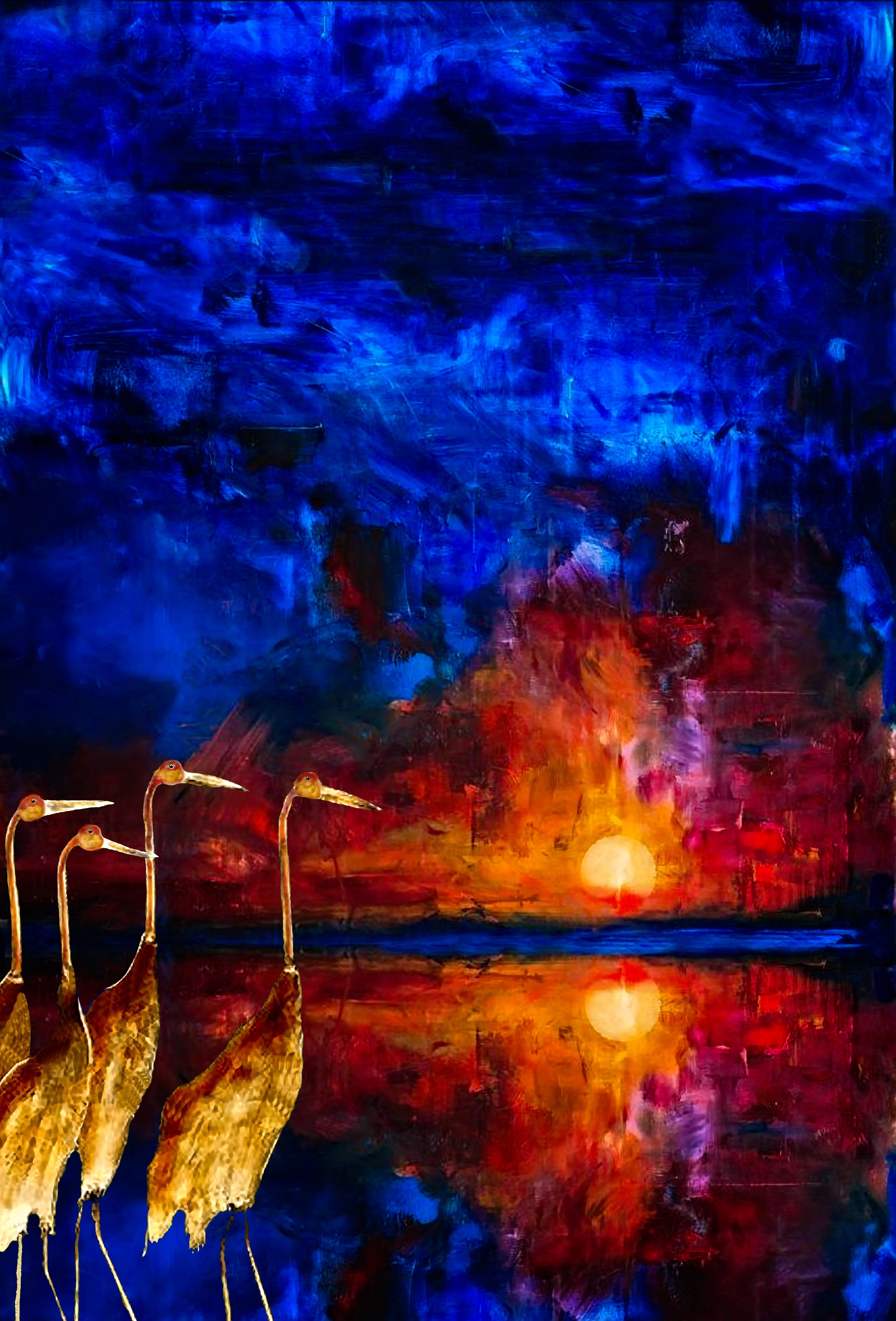Clay Harris Abstract Painting - Blue Sunset Cranes