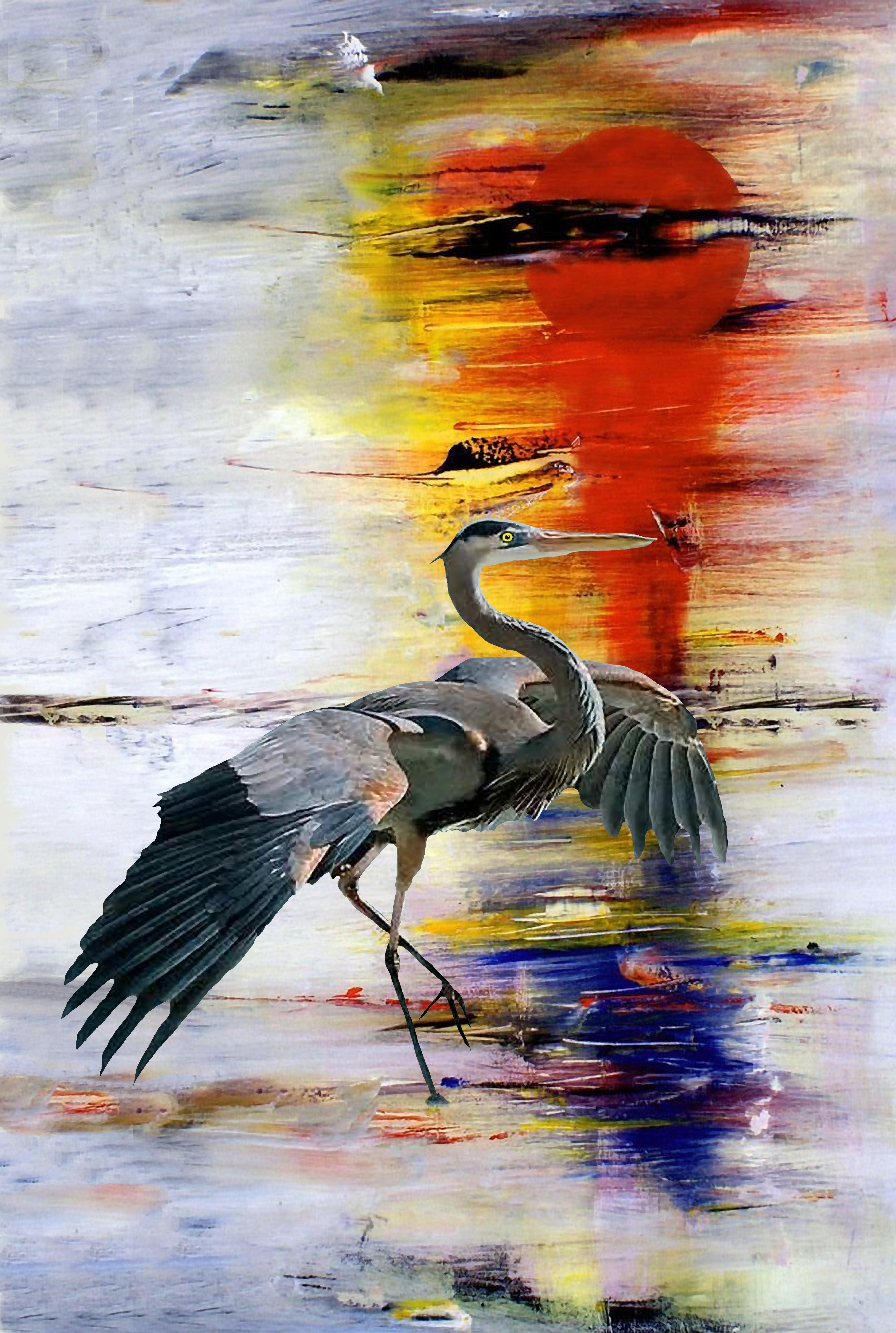 Clay Harris Animal Painting - Crane at Sunup