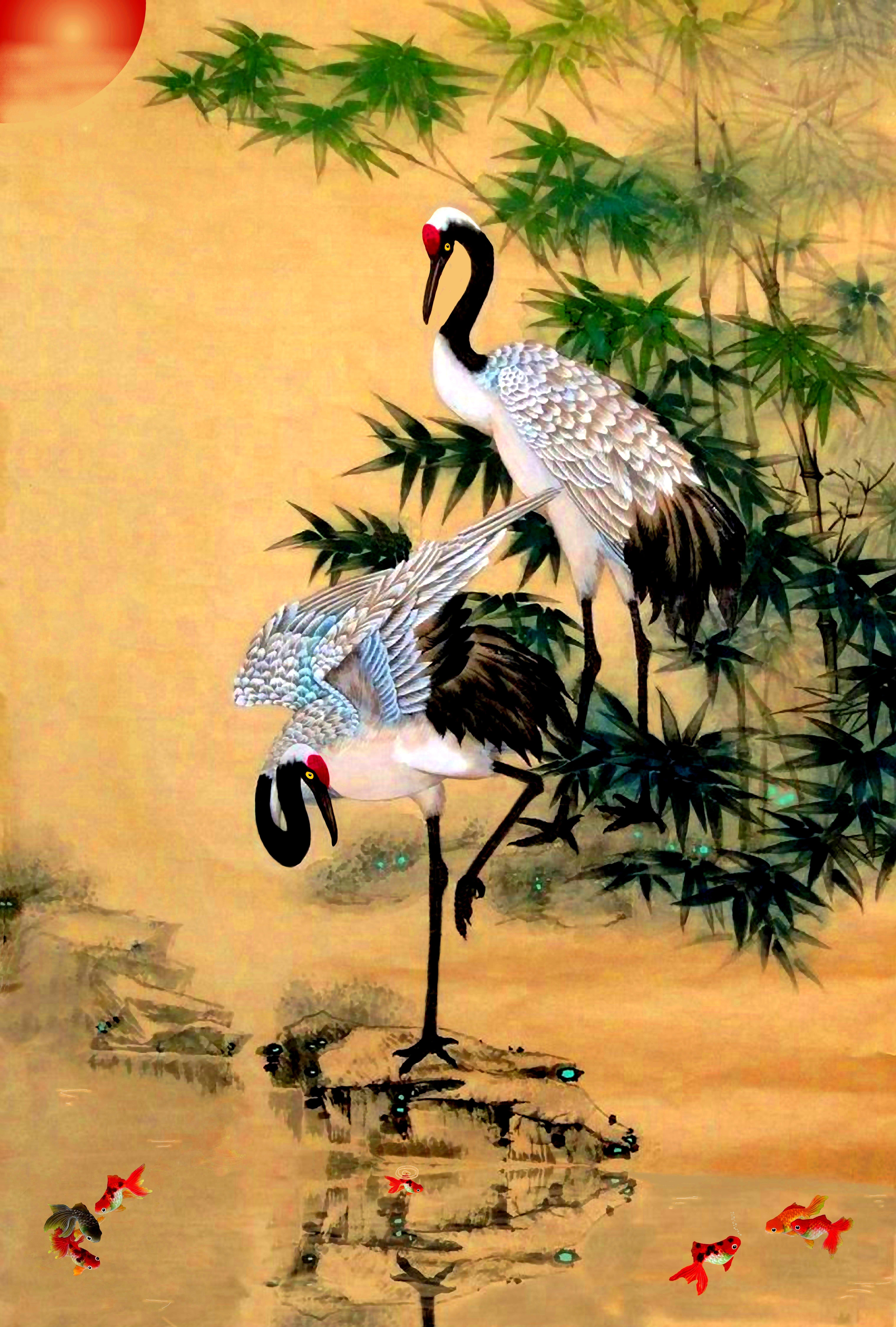 Clay Harris Abstract Painting - Cranes by a Koi Pond
