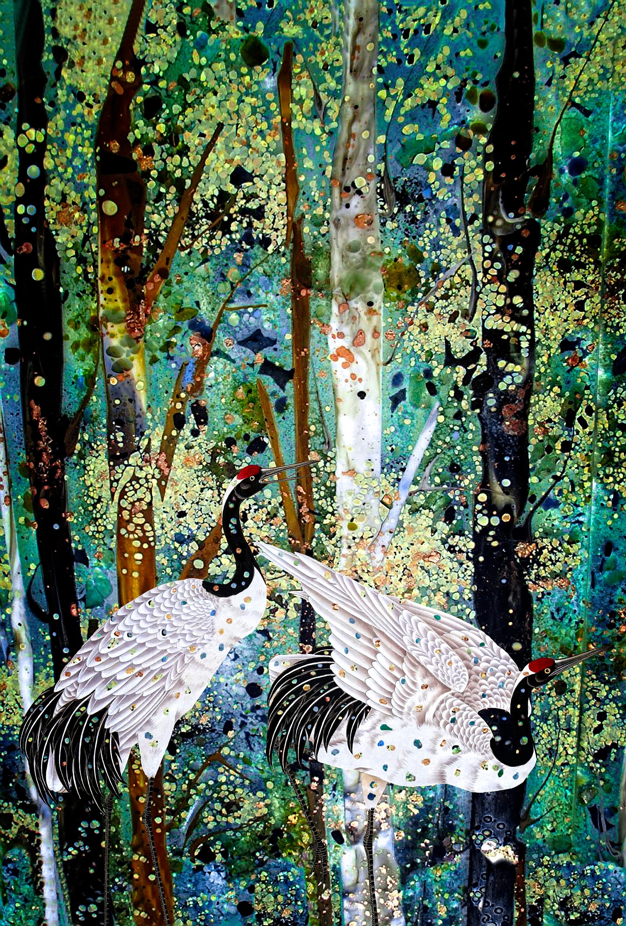 Clay Harris Animal Painting - Fall Leaves and Cranes