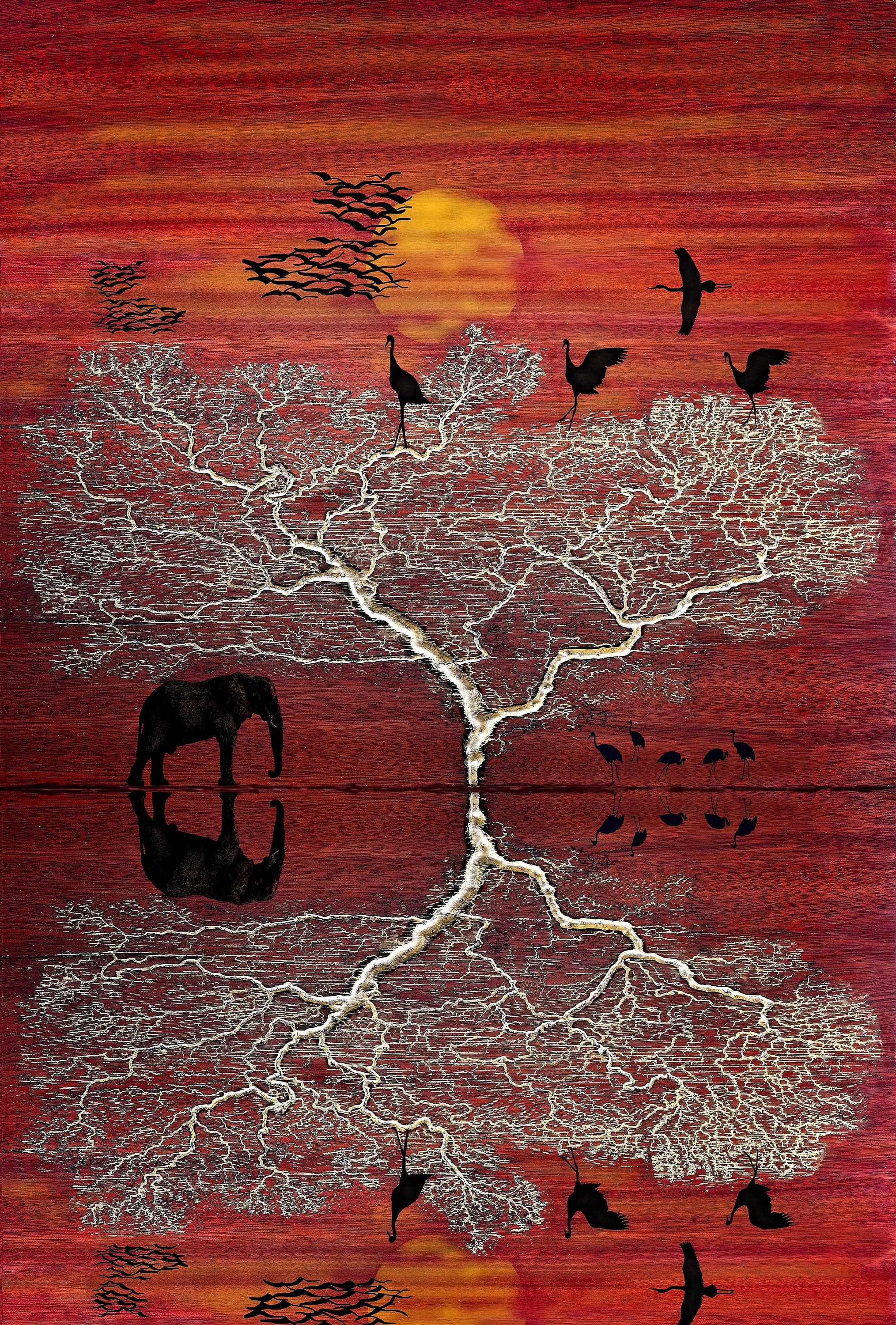 Clay Harris Abstract Painting - Tree, Lake and Sunset