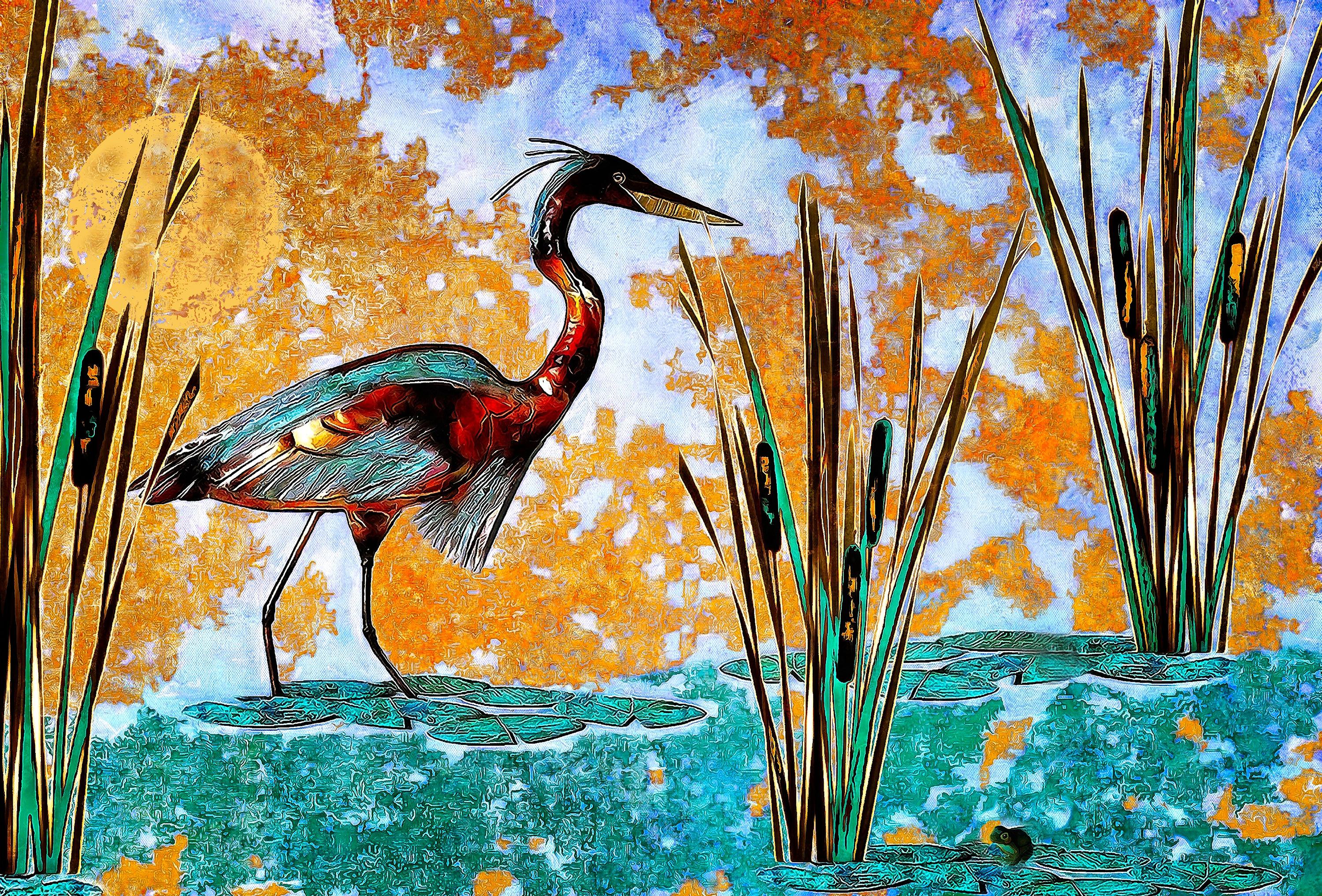 Clay Harris Animal Painting - Crane and Frog